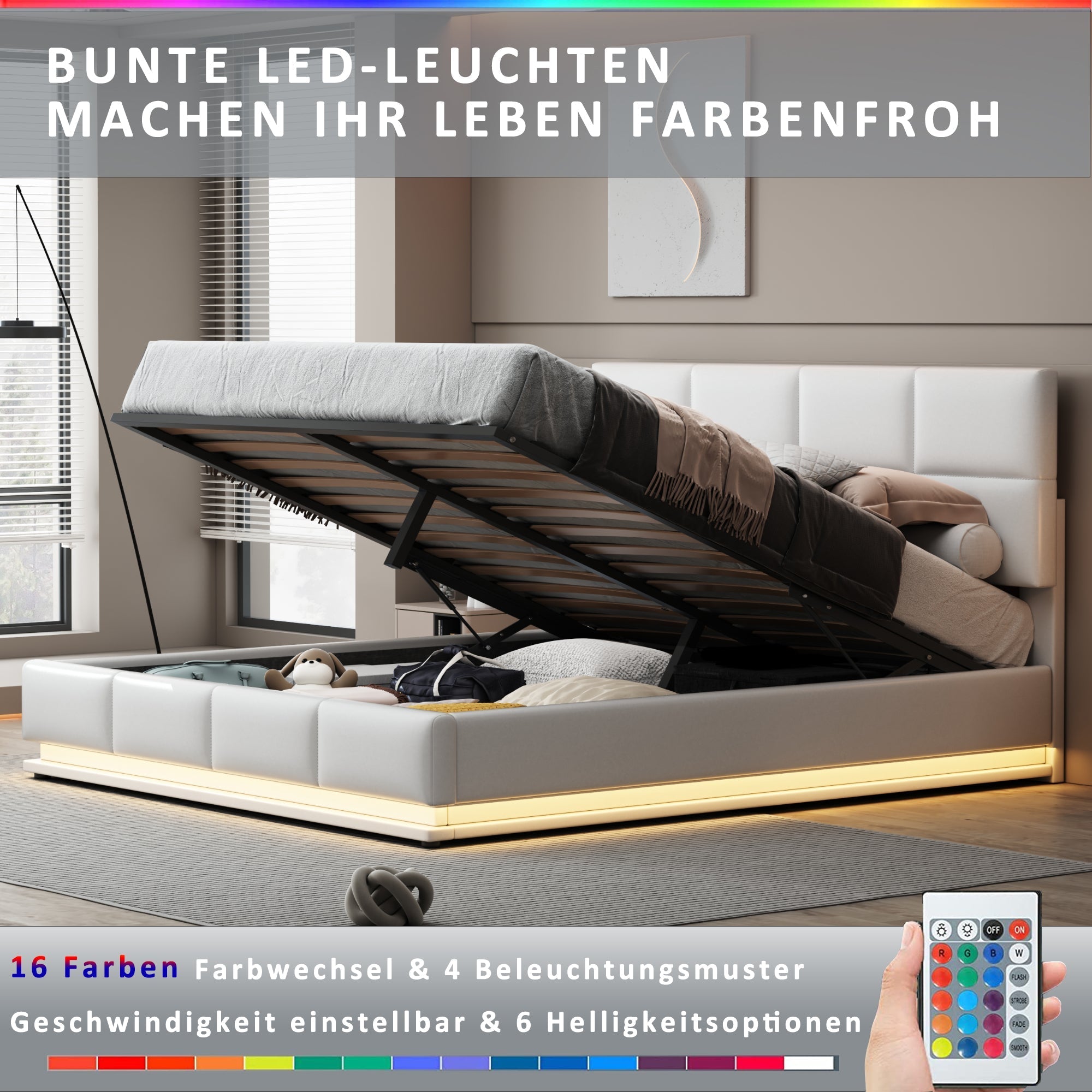 Upholstered Double Bed with LED Light Strip, 180 x 200 cm, White/Gray Faux Leather