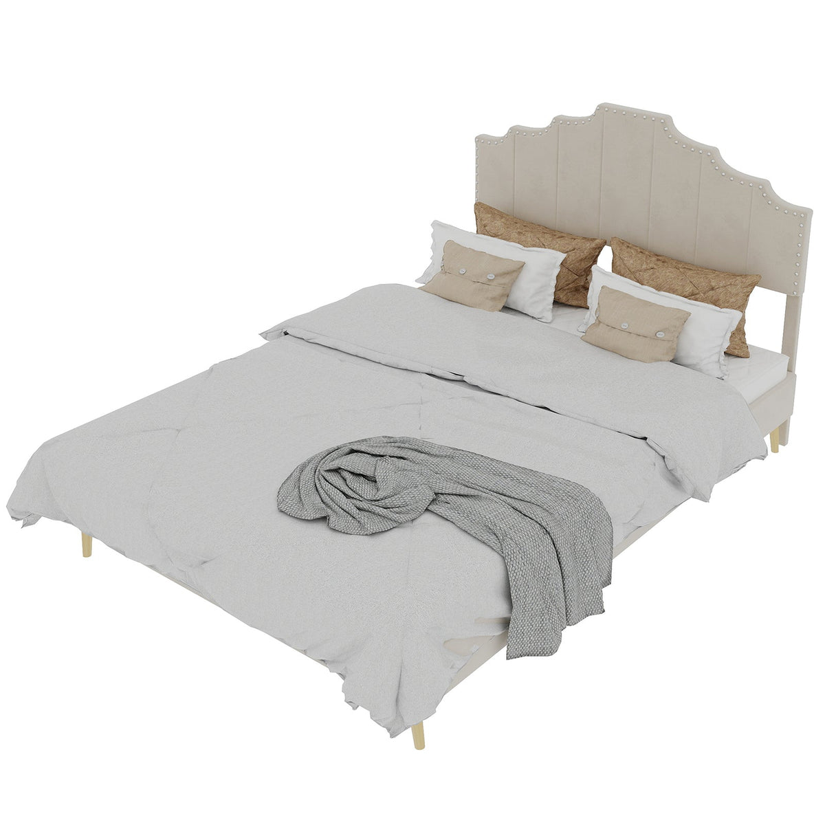 Modern Soft Bed 160x200cm Comfortable Headboard - Beige