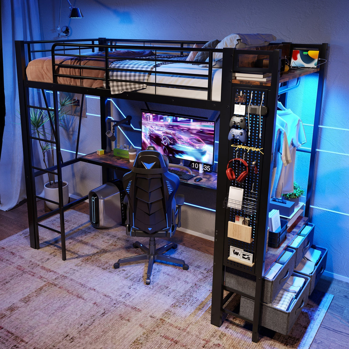 Loft Bed 90x200cm with Desk, Drying Rack, Storage, USB/Type-C & LED - Black Iron Frame