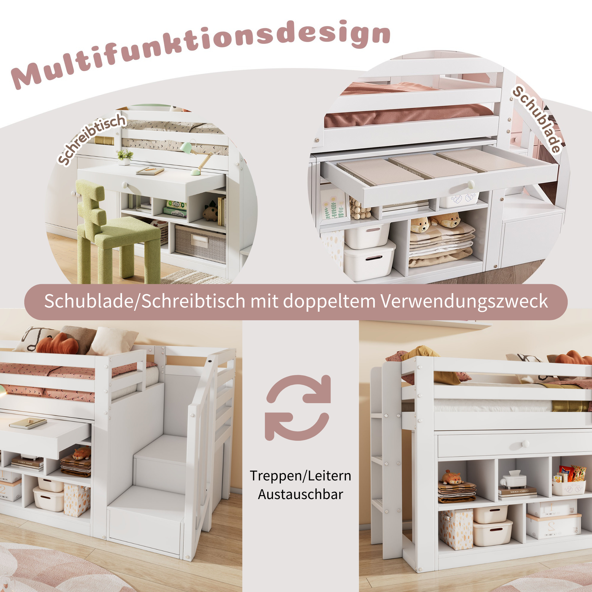 Multifunctional Children's Bed with Stairs, Storage and Reversible Desk, 90x200cm, White Wood