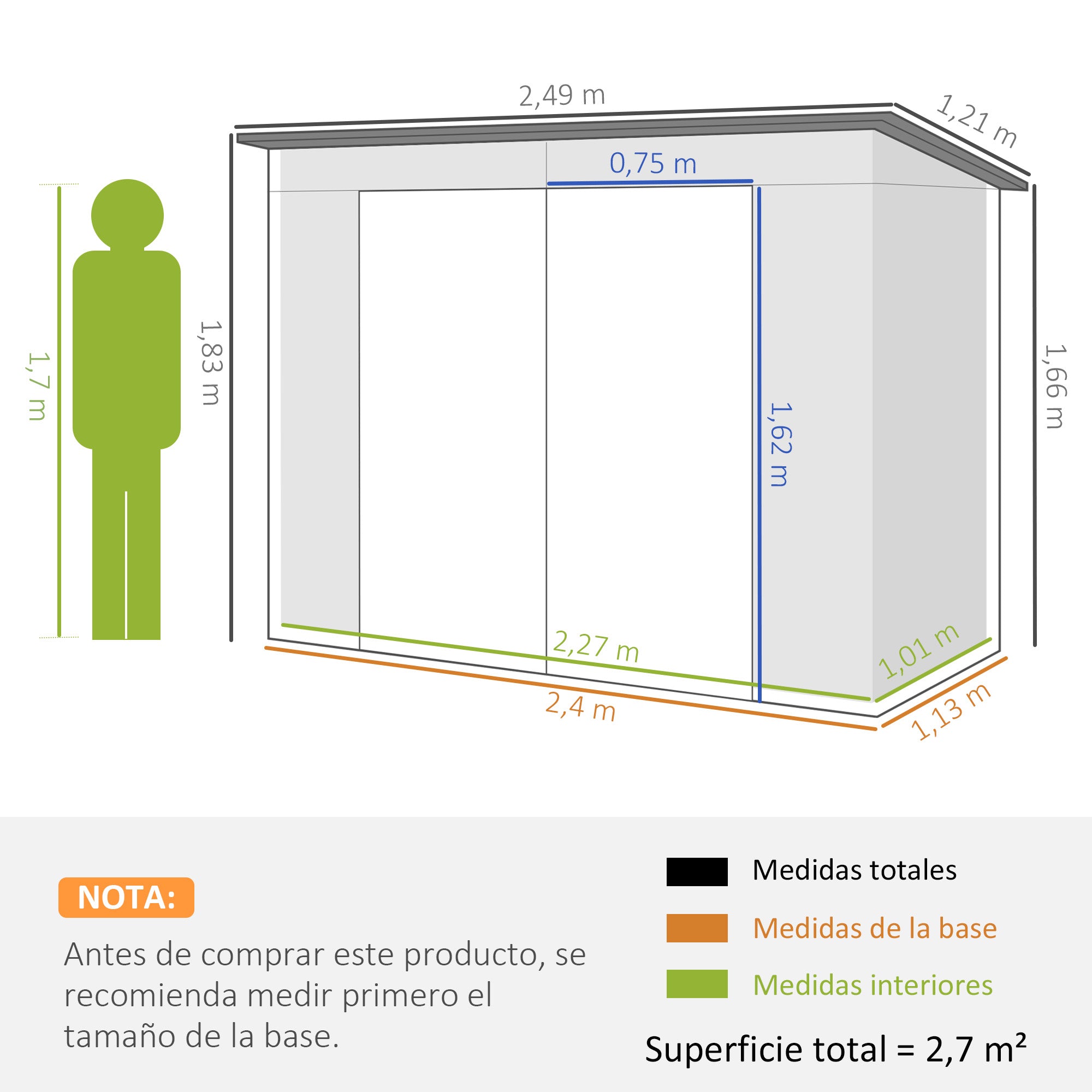 Galvanised Steel Shed, 3.7 x 7.9ft with Latched Door and Padlock - Green
