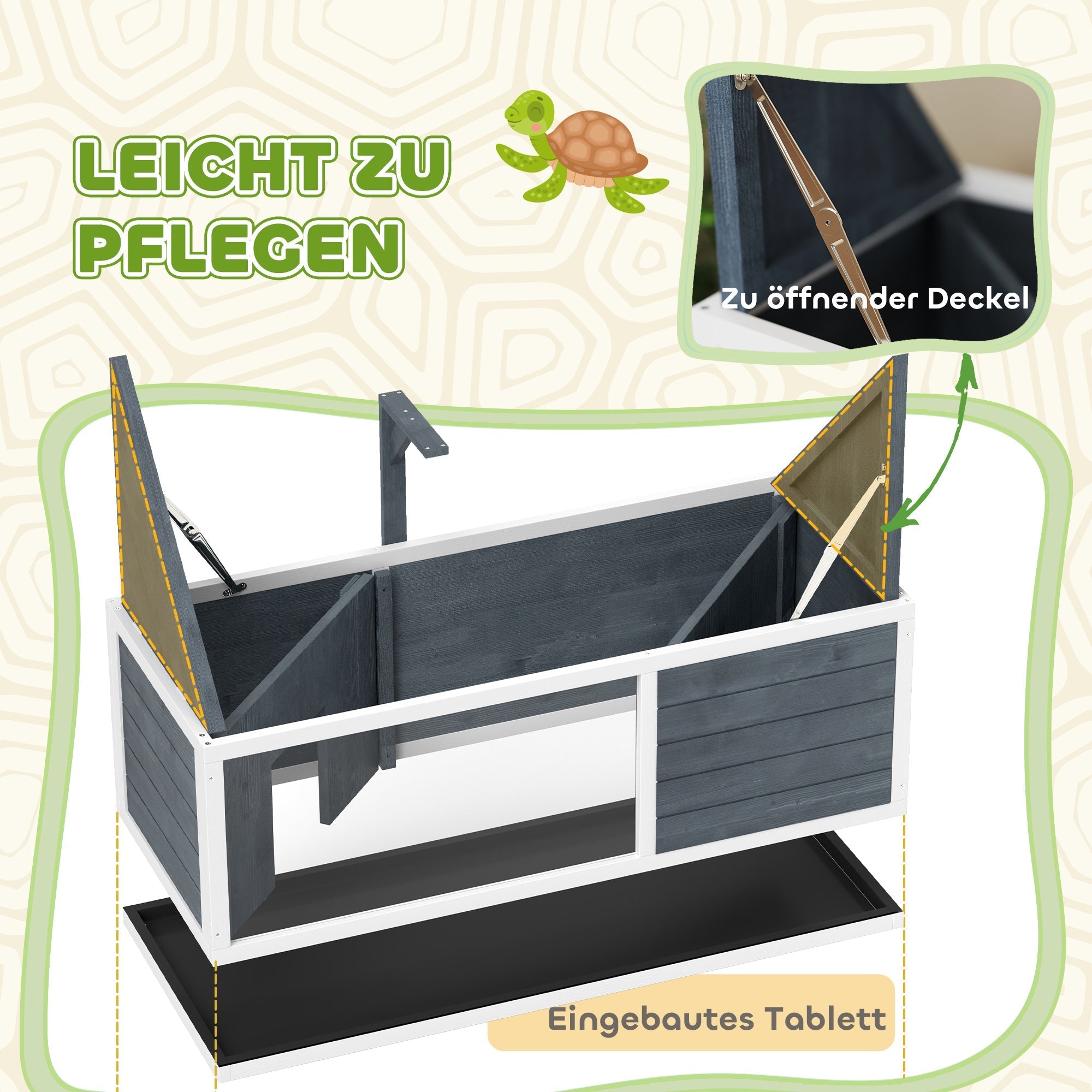 Schildkrötenhaus aus Holz, 2 Haupthäuser mit aufklappbarem Dach, Lampenständer, transparente Frontplatte, Grau