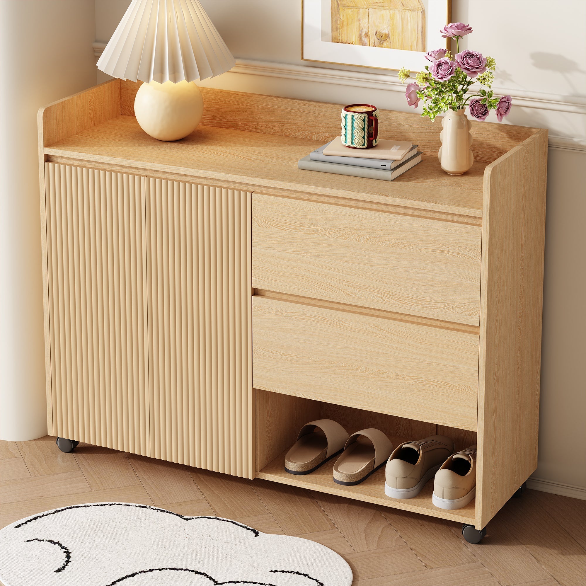 Shoe Cabinet, Movable with Adjustable Shelves, Soft-Closing Hinge, Natural MDF