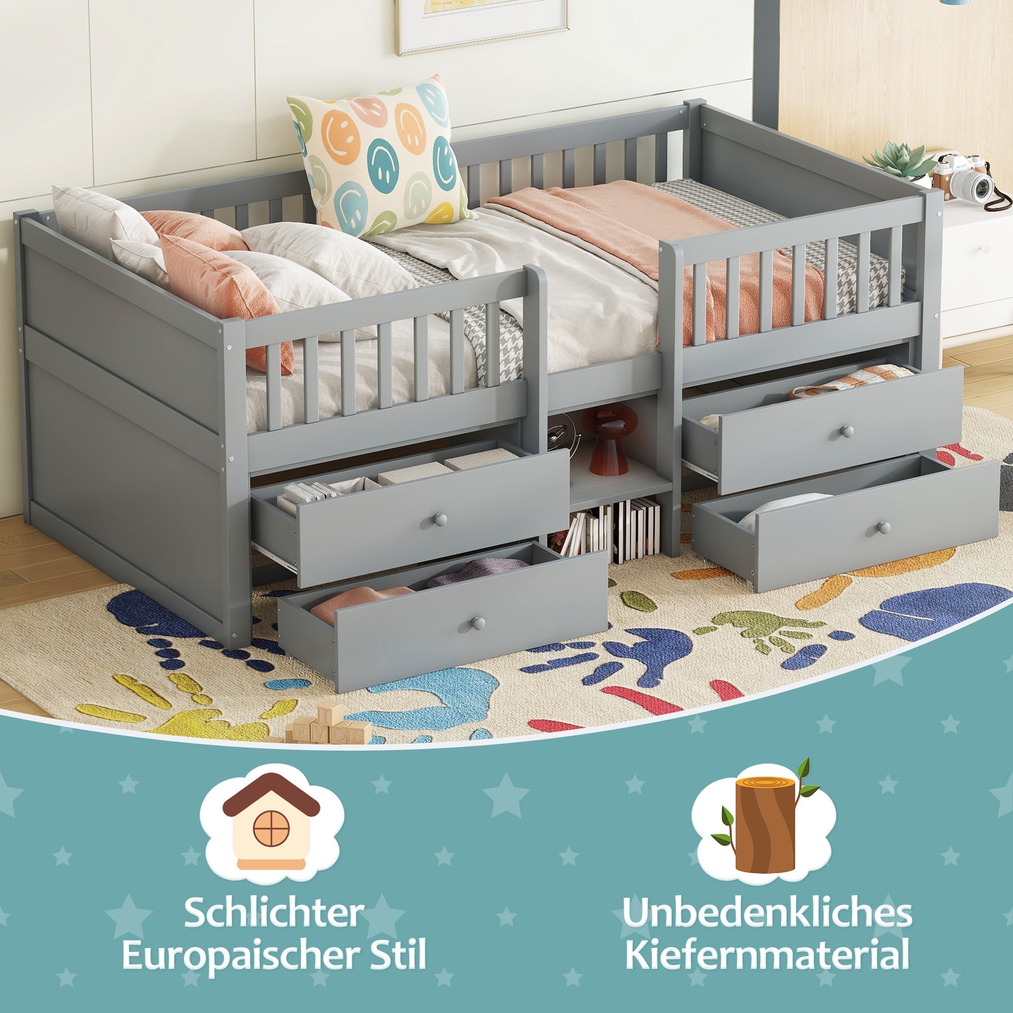 Mid-height Bed 90x200cm 4 Drawers Ladder - Pine Wood Grey