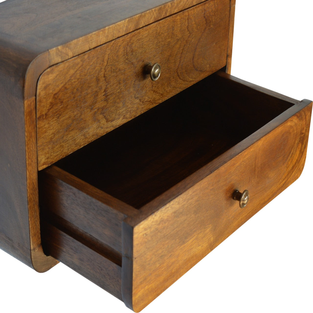 Solid Wood Bedside, Floating Curved 2 Drawers, Dark Brown