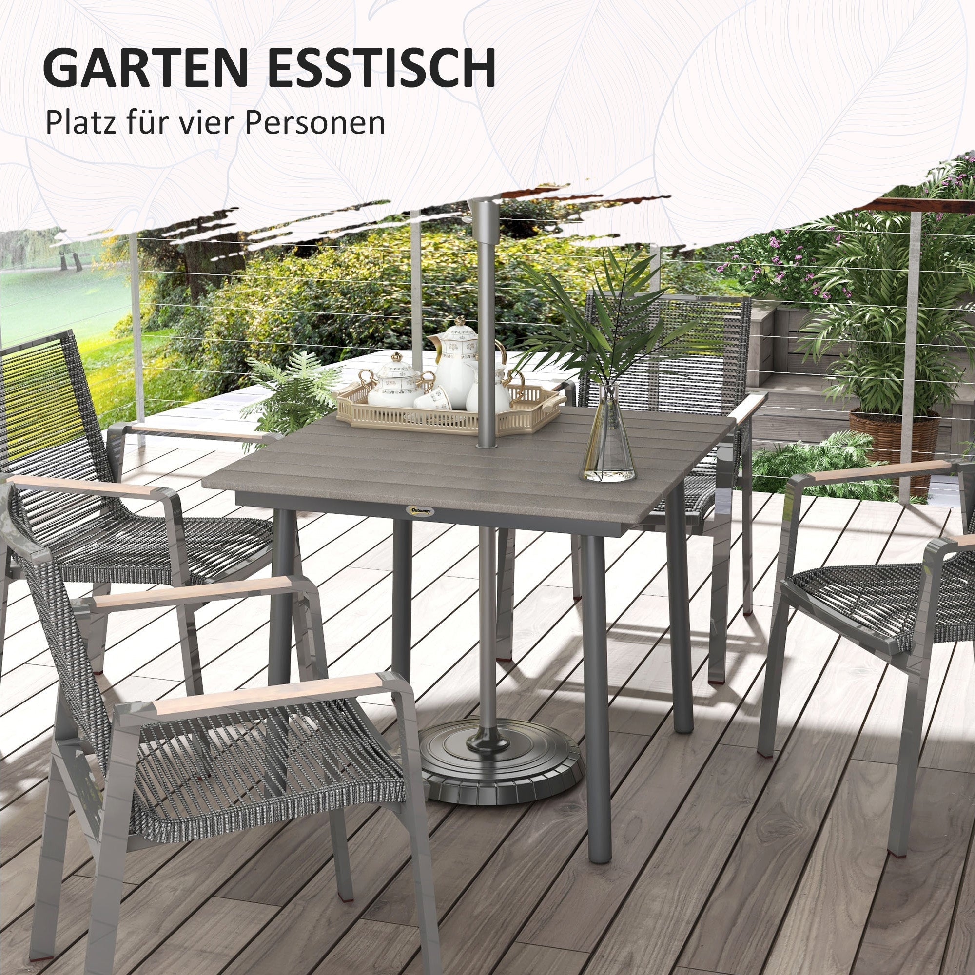 Gartentisch Esstisch 4 Personen Sonnenschirmloch Lamellenrahmen HDPE Dunkelgrau