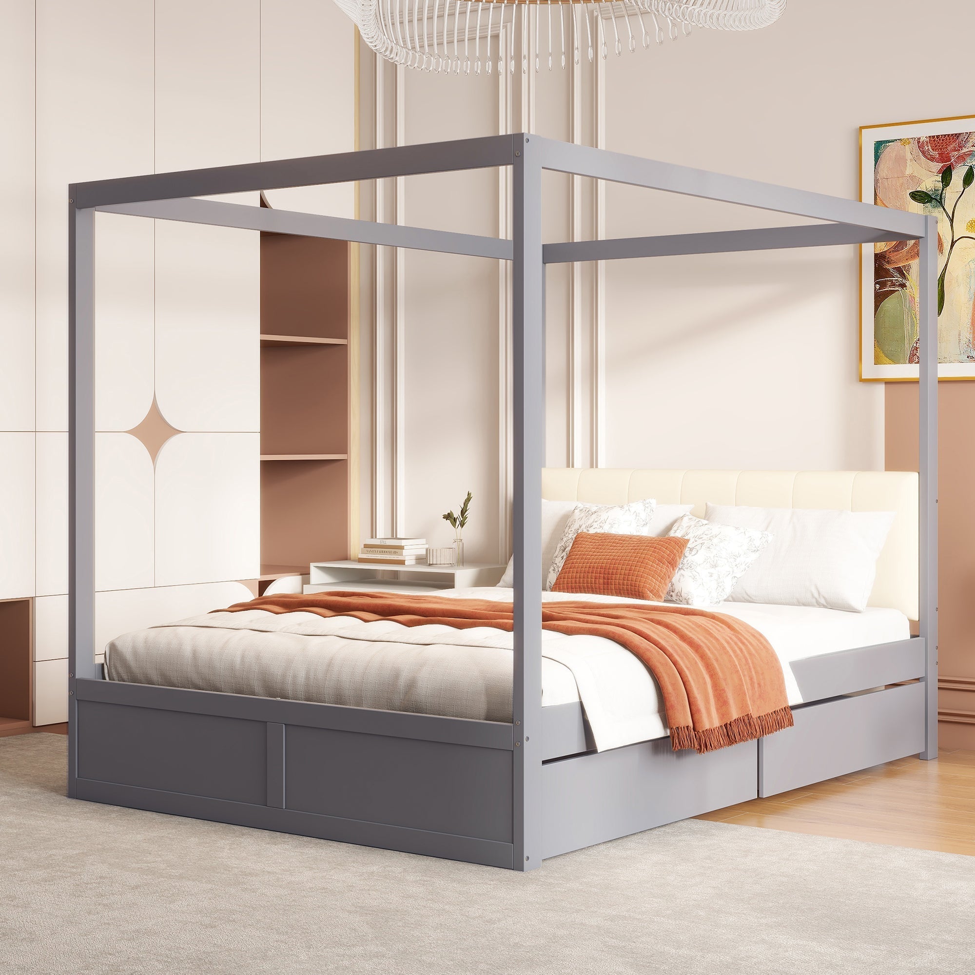 Canopy Bed 140x200cm Large Drawers Soft Headboard, Wooden Grey