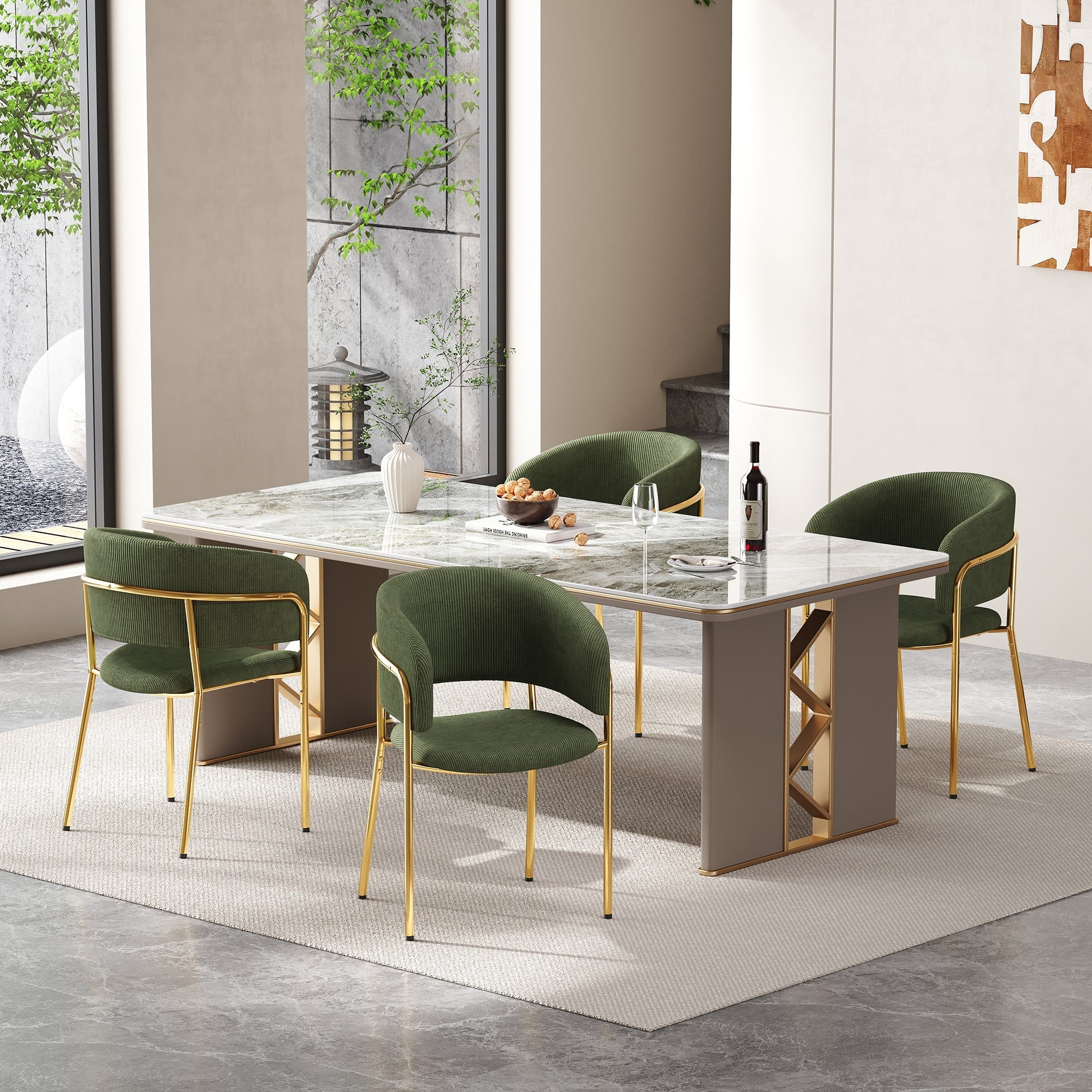 4 Modern Chairs Angled Legs Adjustable Feet Corduroy - Green