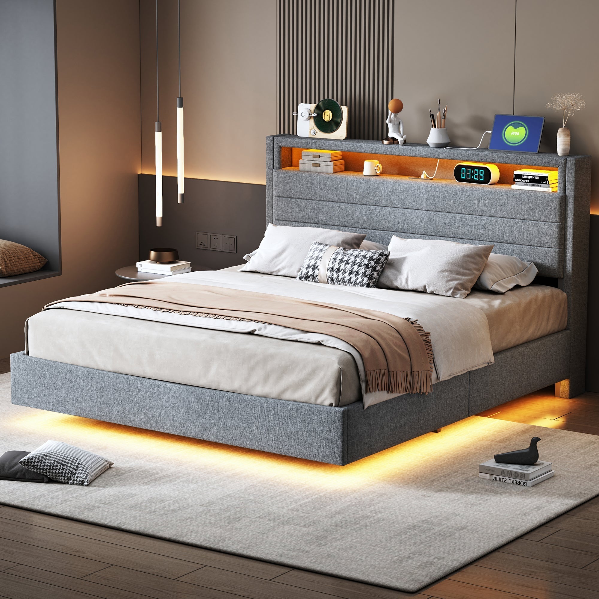 Upholstered Bed 140x200 cm, Hydraulic Floating with Storage, USB & LED, Reversible Headboard, Linen Grey