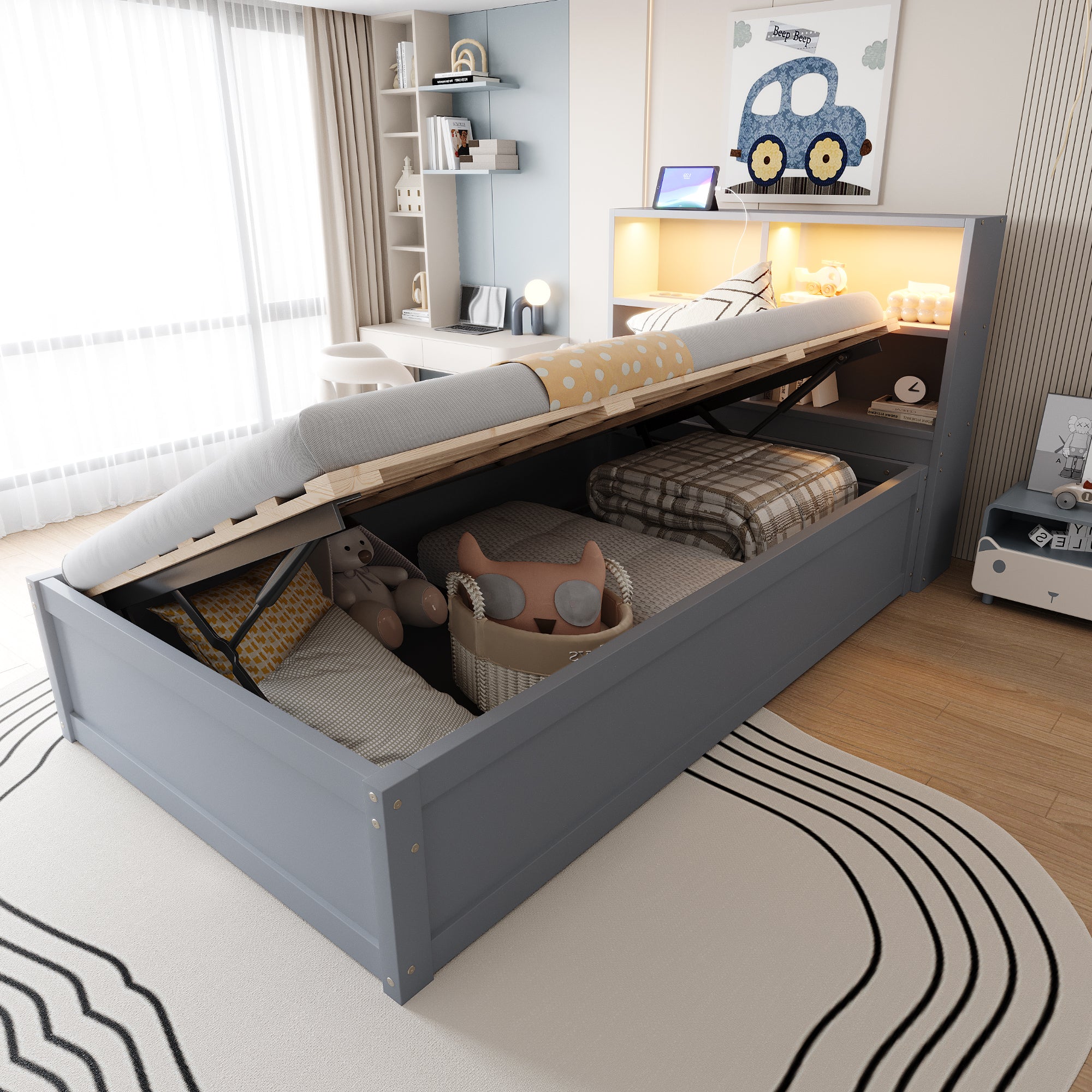 Sofa Bed 90*200, Hydraulic with Storage & Light Bar, Solid Wood, Gray