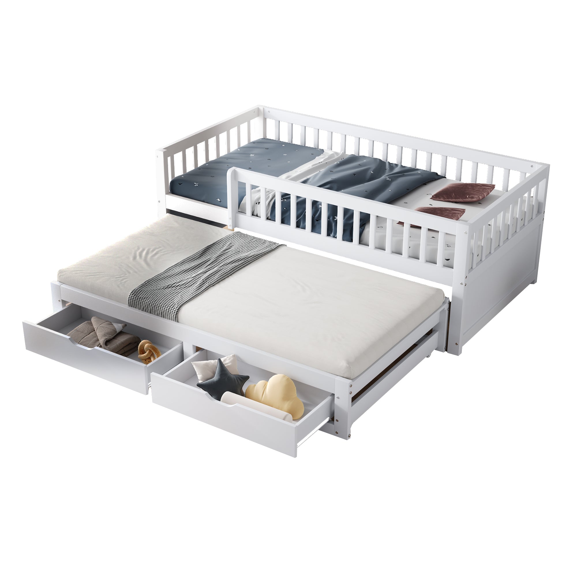 Solid Wood Sofa Bed, Pull-Out 90x200cm Safety Rail Storage, White