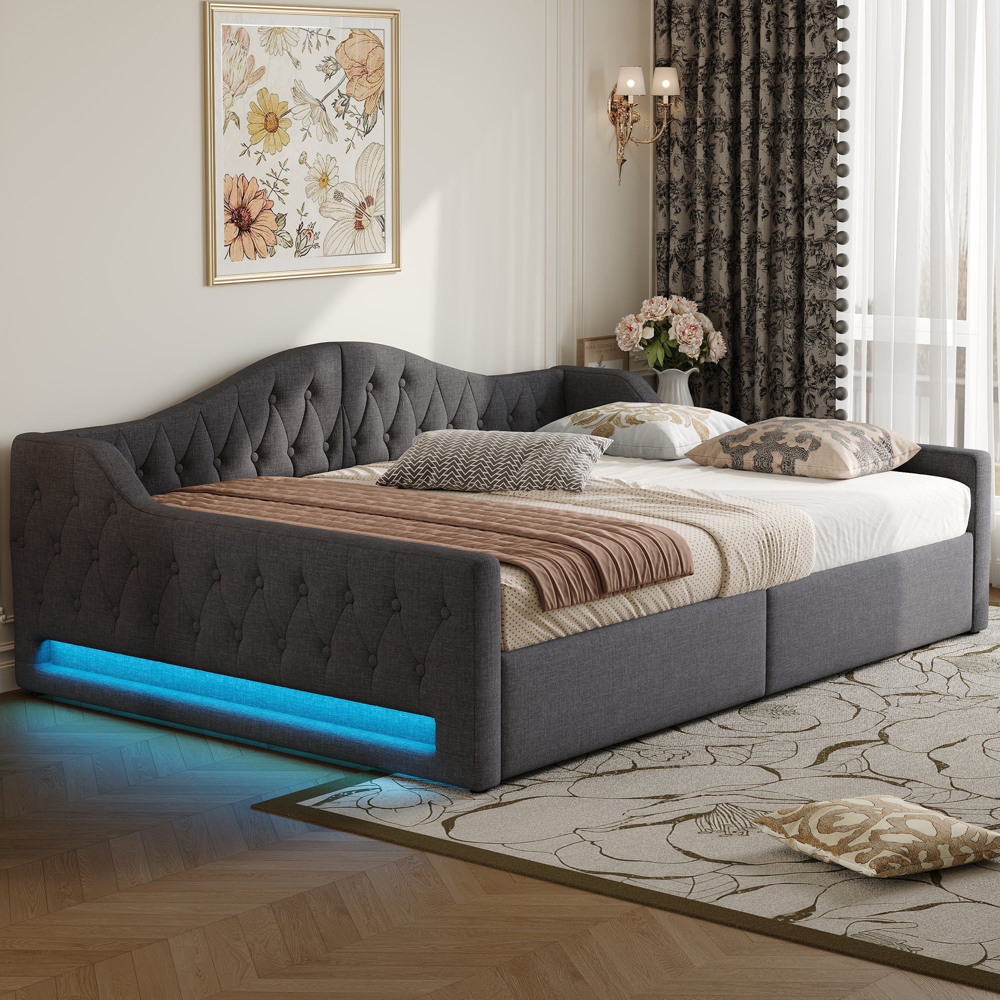 Daybed Upholstered 140x200cm LED Storage - Grey