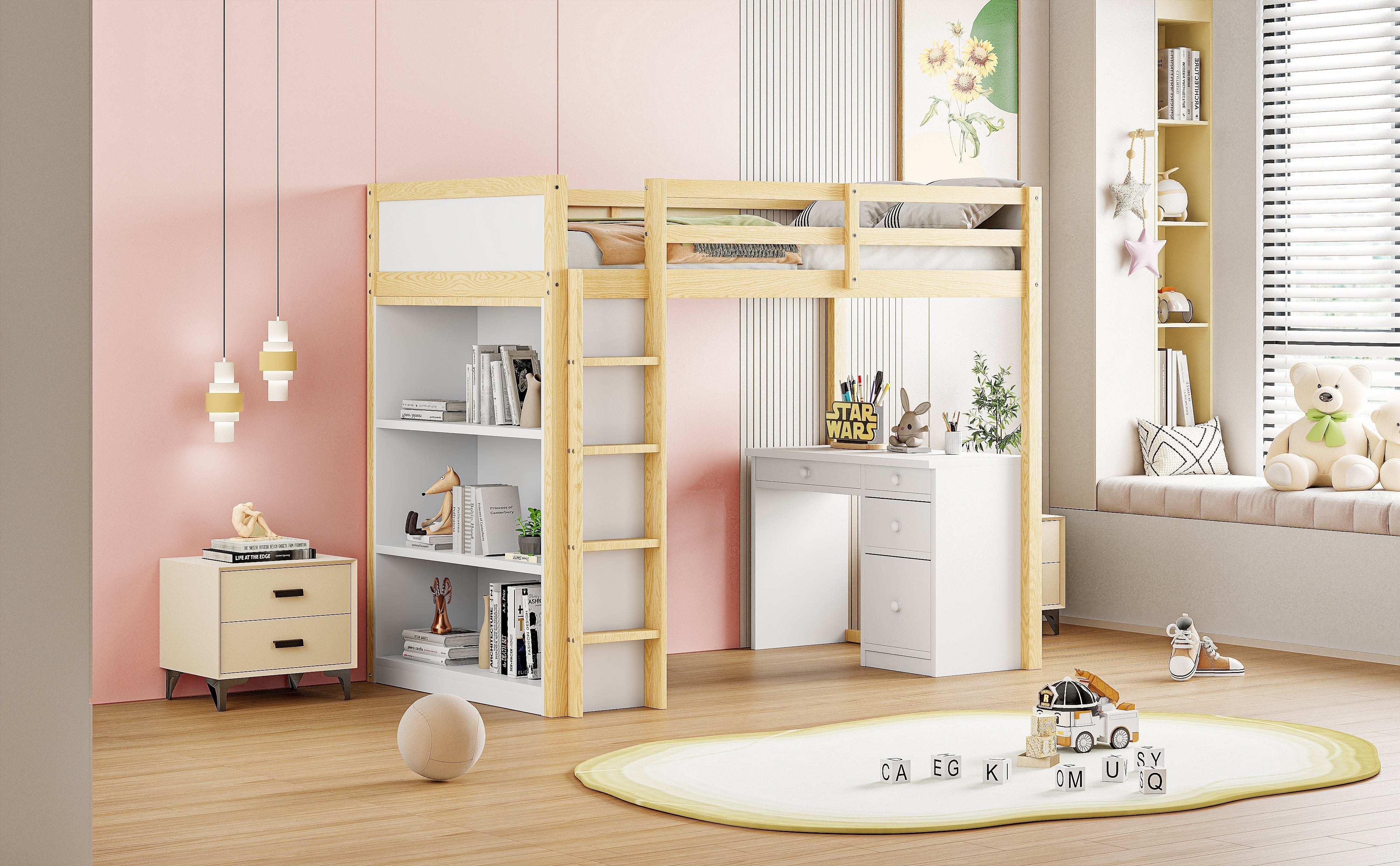 Loft Bed, Multifunctional with Storage & Desk, 90x200cm Wood