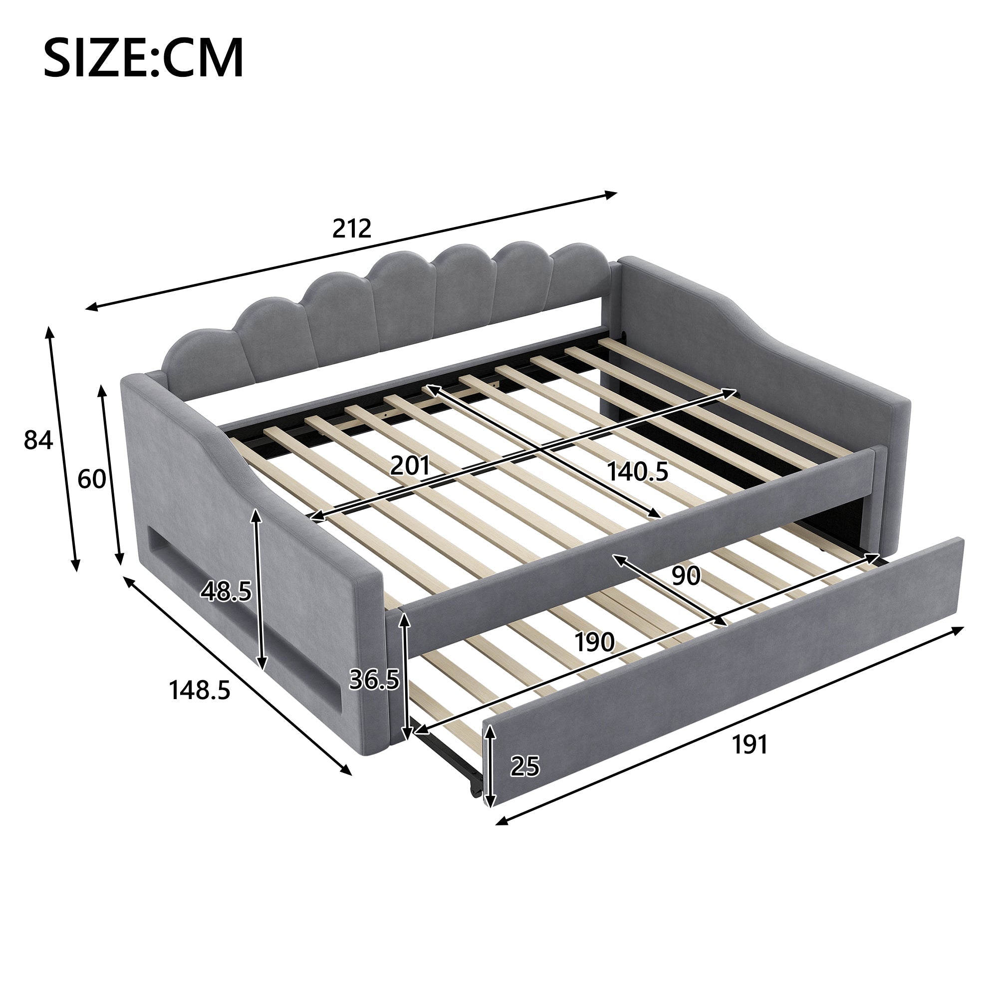 Daybed Upholstered 140x200cm LED Pull-out Bed - Grey