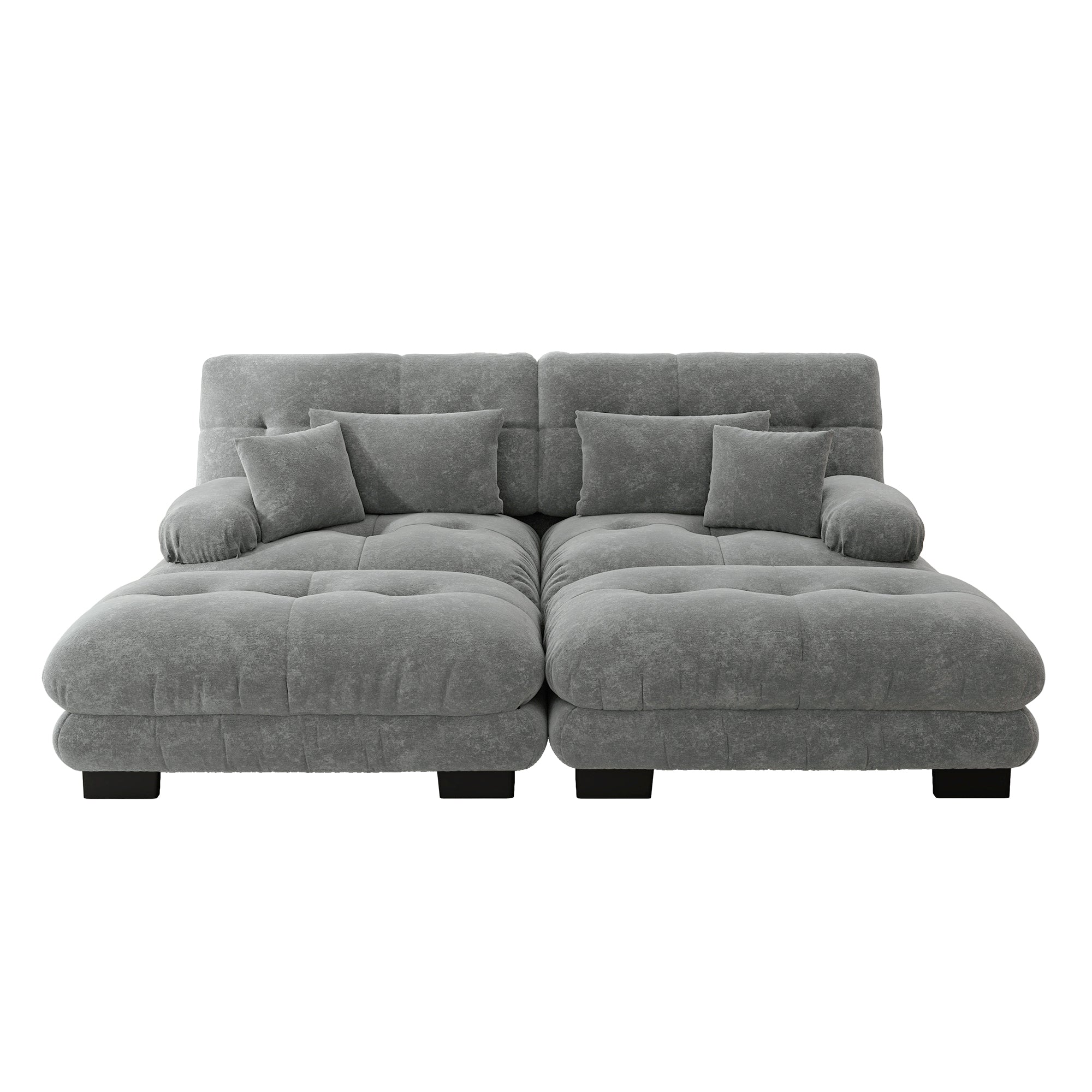 Cloud Corner Sofa, Double with Lumbar & Decorative Pillows, Wide Armrests & 2 Ottomans, Chenille Grey