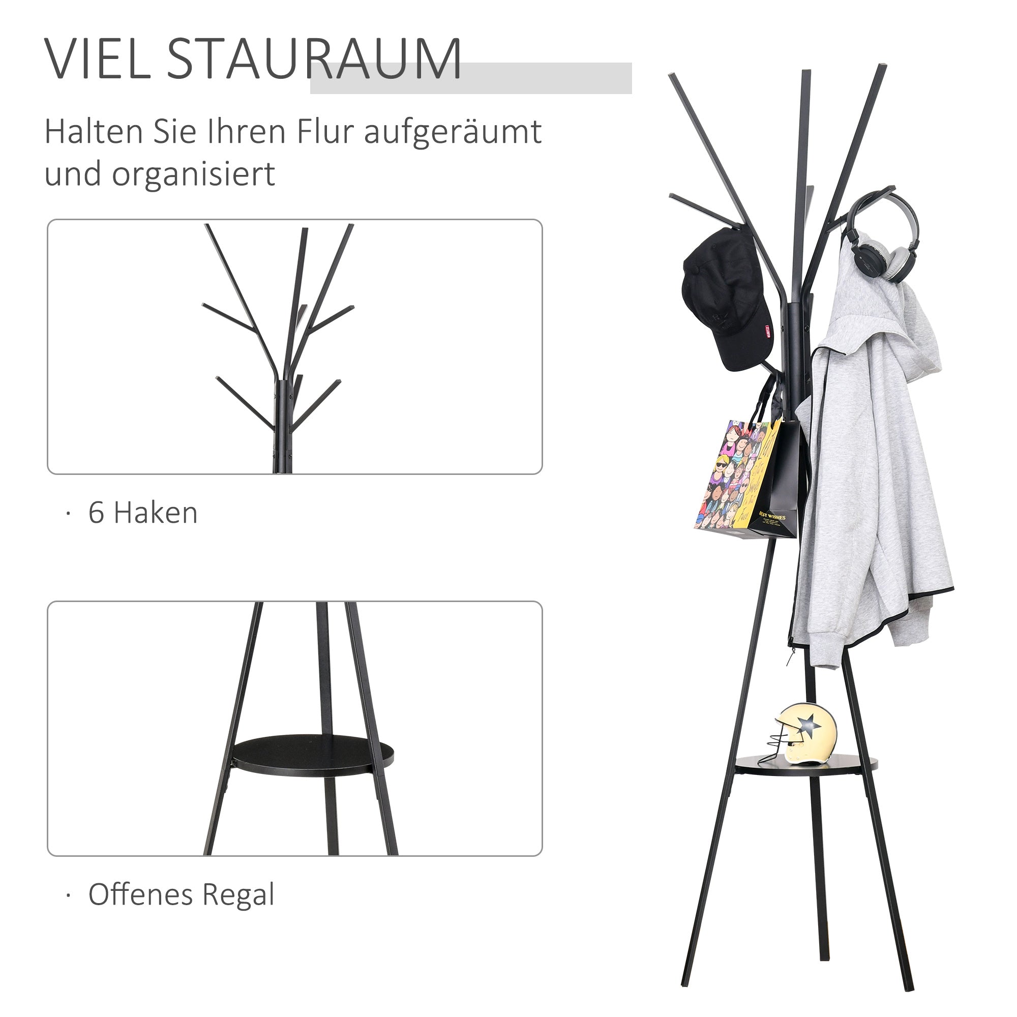 Coat rack standing, 180 cm, black metal