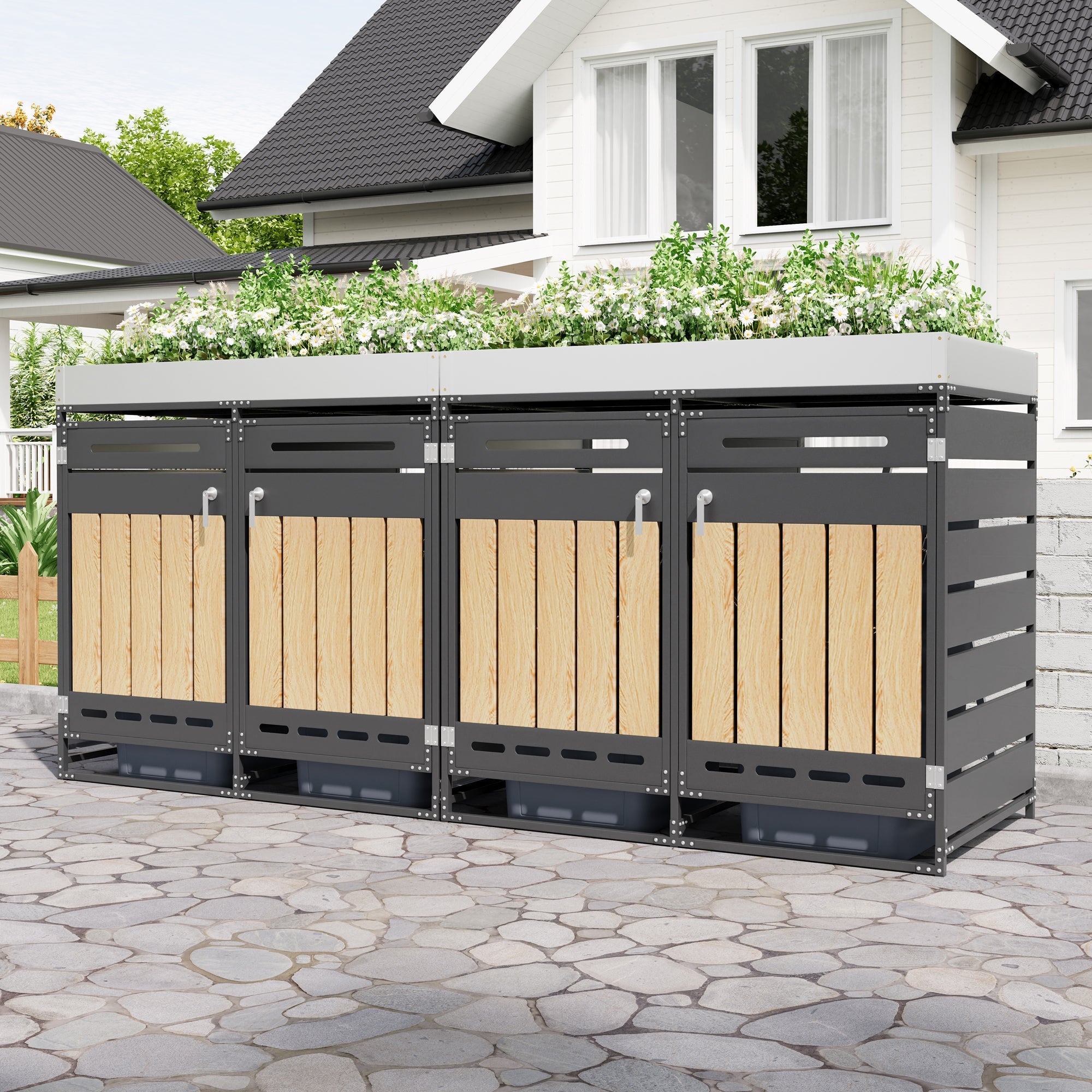Set of 4 Bin Storage Units with Planter Boxes and Locking Garden Cabinet, Iron with Vertical Wood Grain Panels