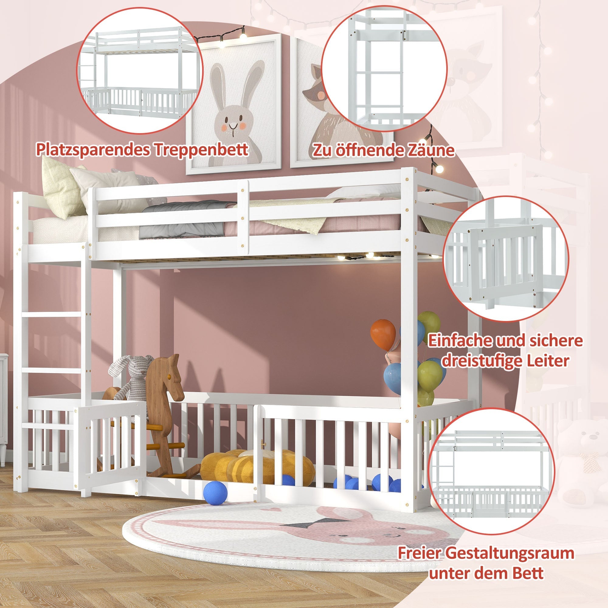 3FT Bunk Bed, Fences and Door with Fall Protection & Railings, Solid Wood, White