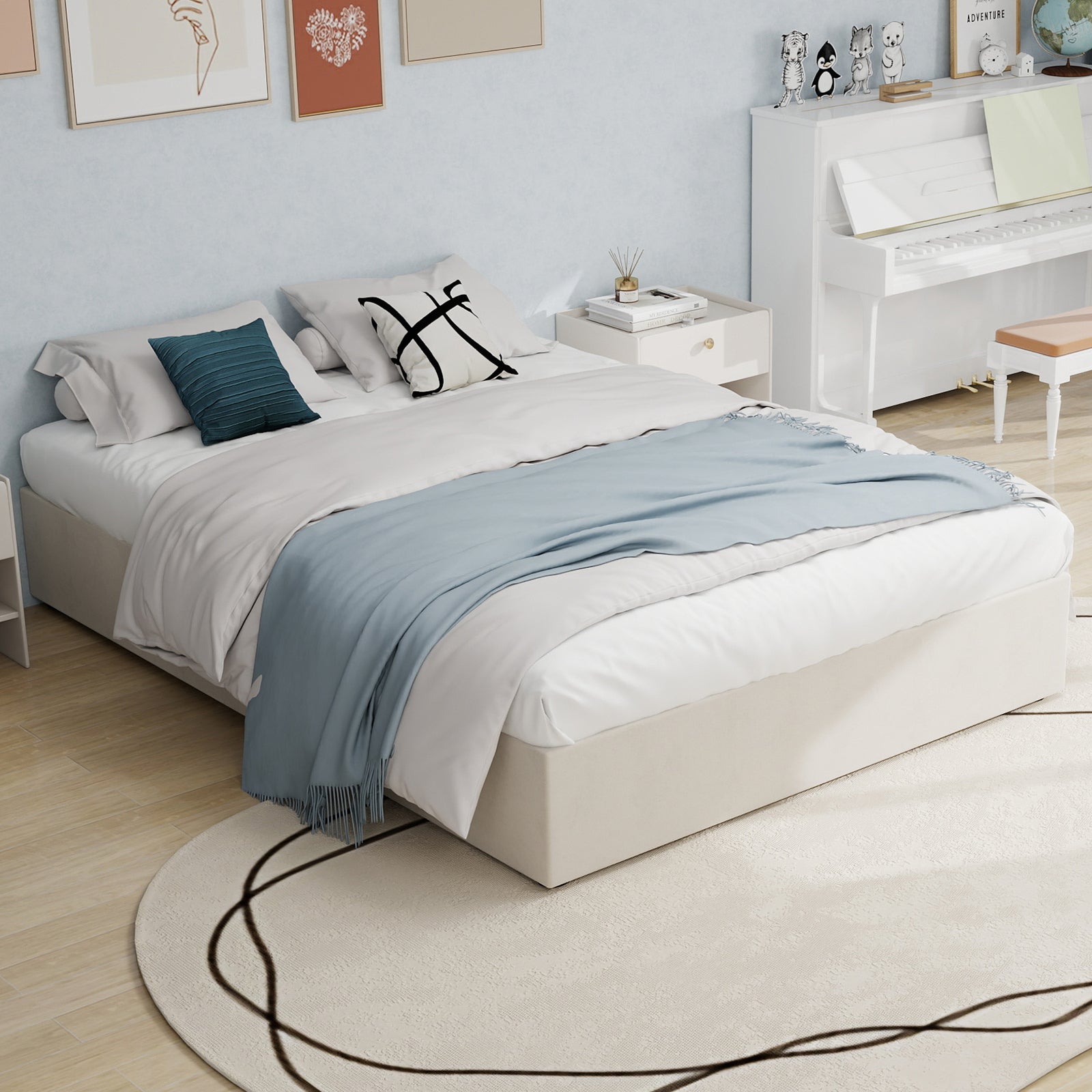 Bed Frame Modern Minimalist 160x200cm Gas Lift Storage - Beige Dutch Velvet