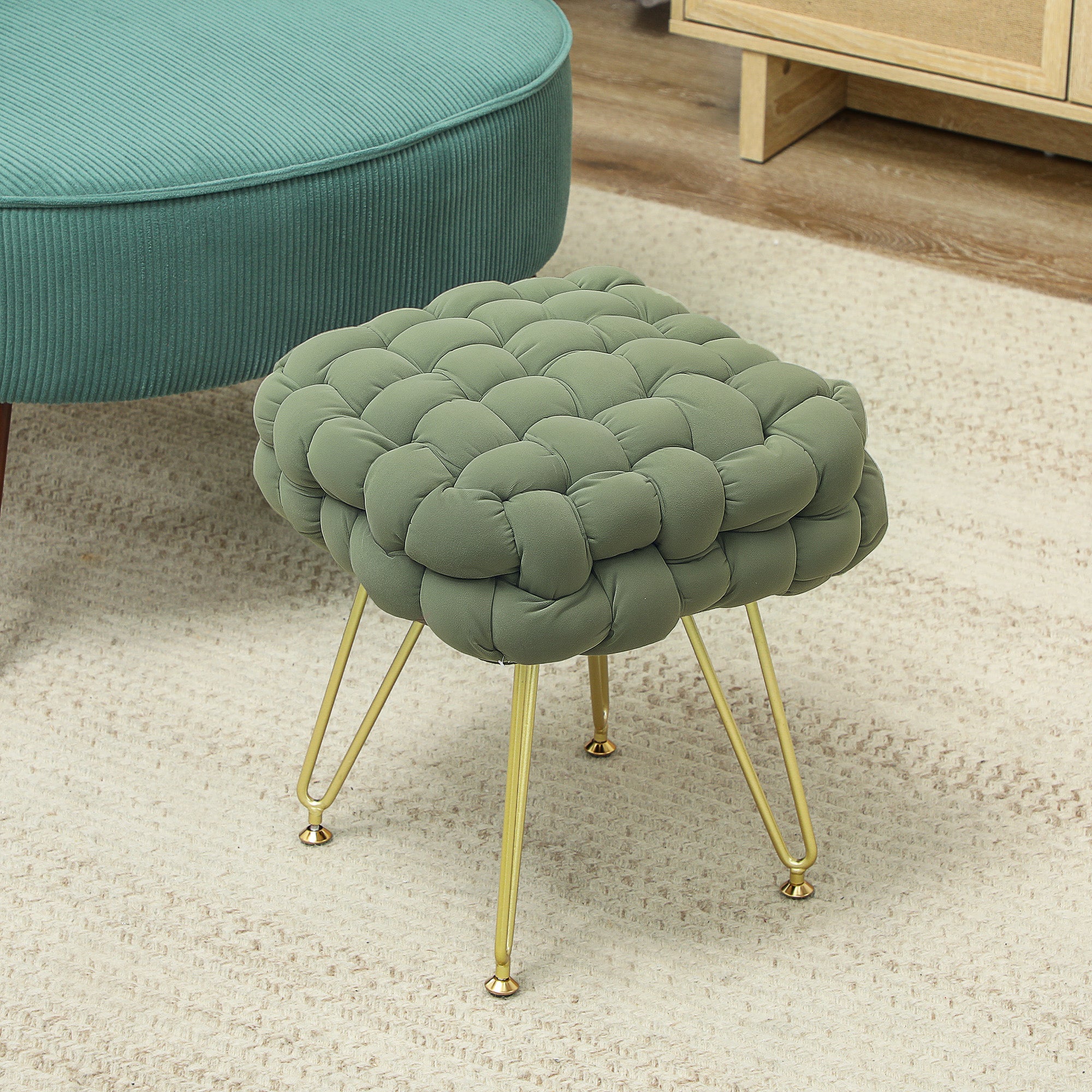 Footstool, Bold Woven Velvet-Feel, Green