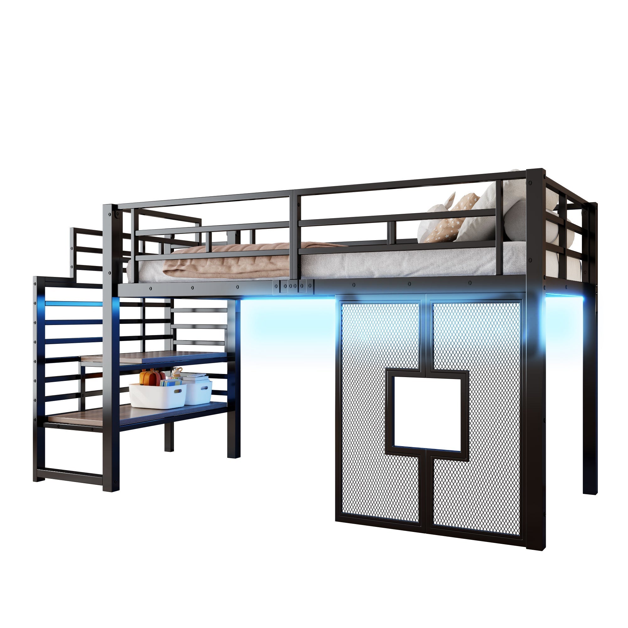 Metal Loft Bed with Stairs, Storage, LED Lighting and Windows, 90x200 cm, Black