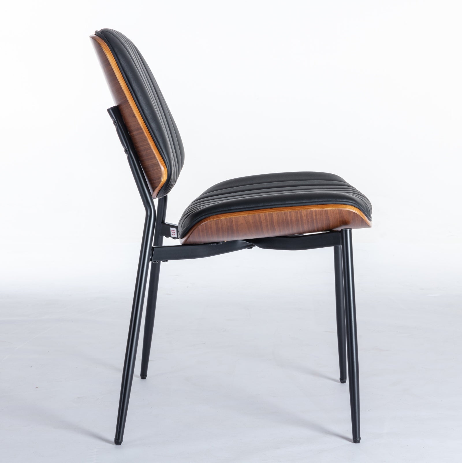 Dining Chairs Set of 2 Mid-Century Modern Retro Walnut Bentwood Back Upholstered Seat Metal Legs - Black Faux Leather