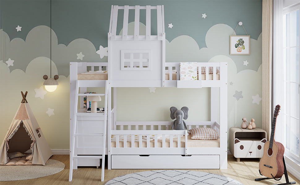 Bunk Bed, Roof & Window with Drawers, Reading Table, Storage Basket, Pine + MDF + Plywood, White