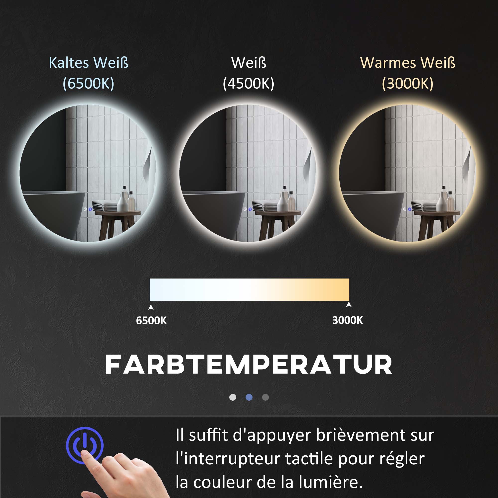 Bathroom Mirror Wall Mounted Ø60 cm, 3 Light Colors, Touch Switch, Anti-Fog, IP44