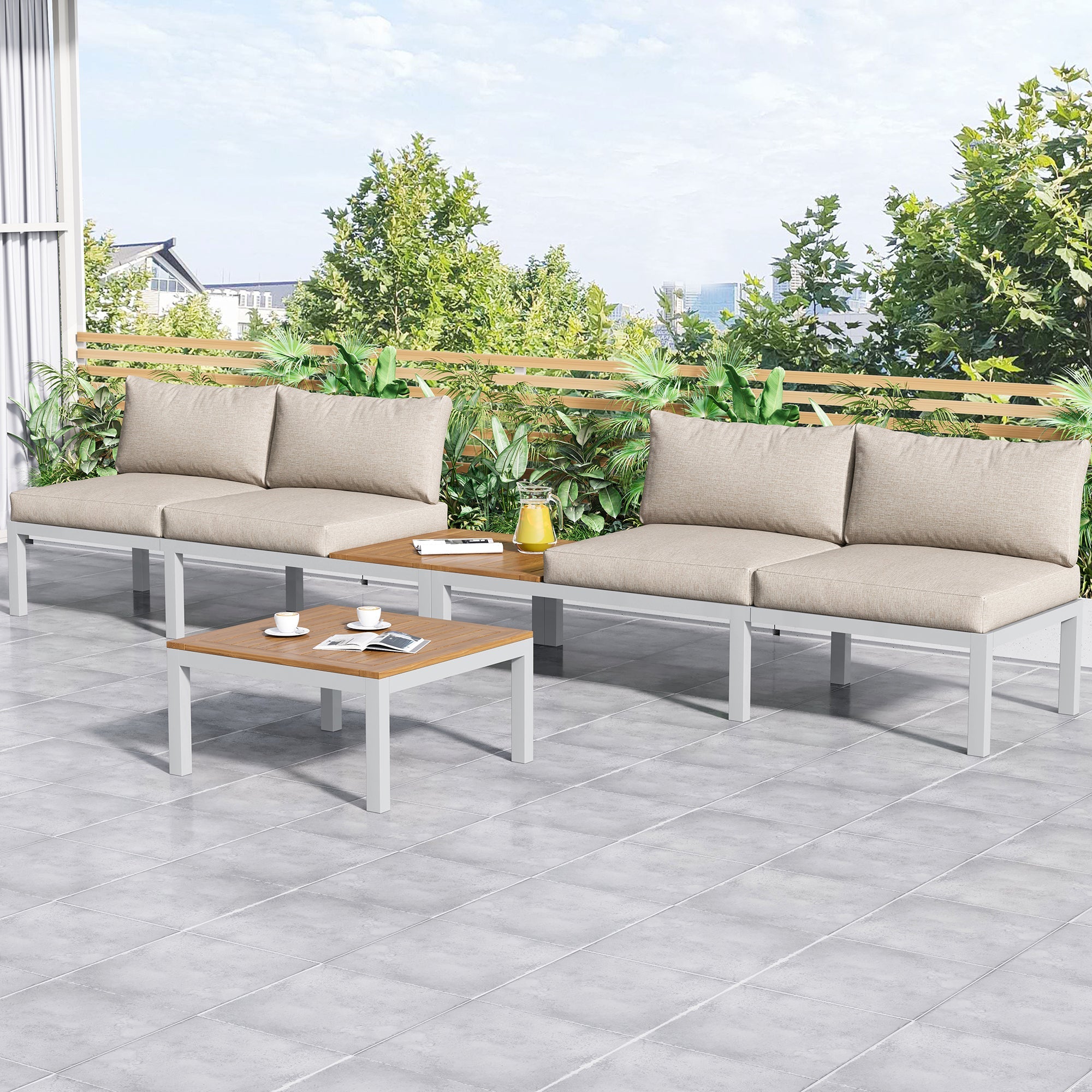 Garden Lounge Chair Set, Galvanized Steel Frame with Acacia Wood Top, Beige