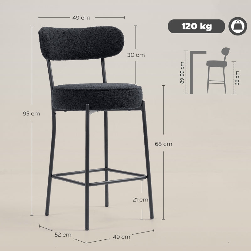 Set of 2 Bar Stools Upholstered Seat Footrest Fleece Cover - Black