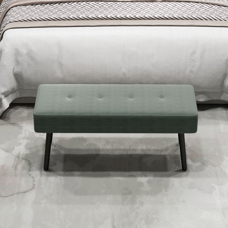 End of Bed Bench with Thick Padding and Steel Legs, Corduroy, Green