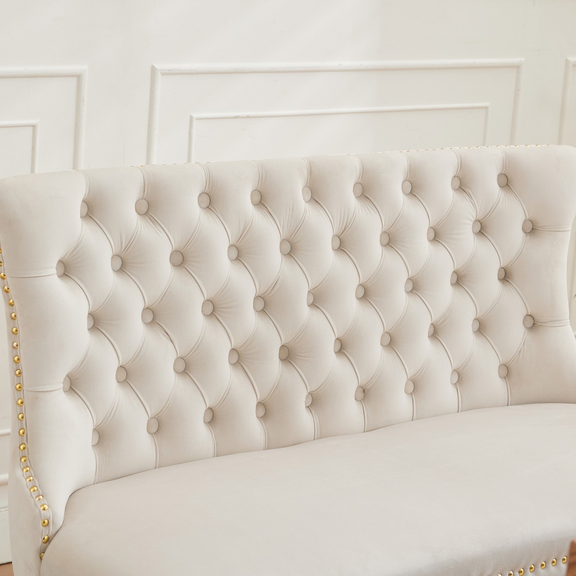 Velvet Double Dining Loveseat Bench, 2-Seat Tufted Wing Back Gold-Plated Steel Legs, Beige Velvet