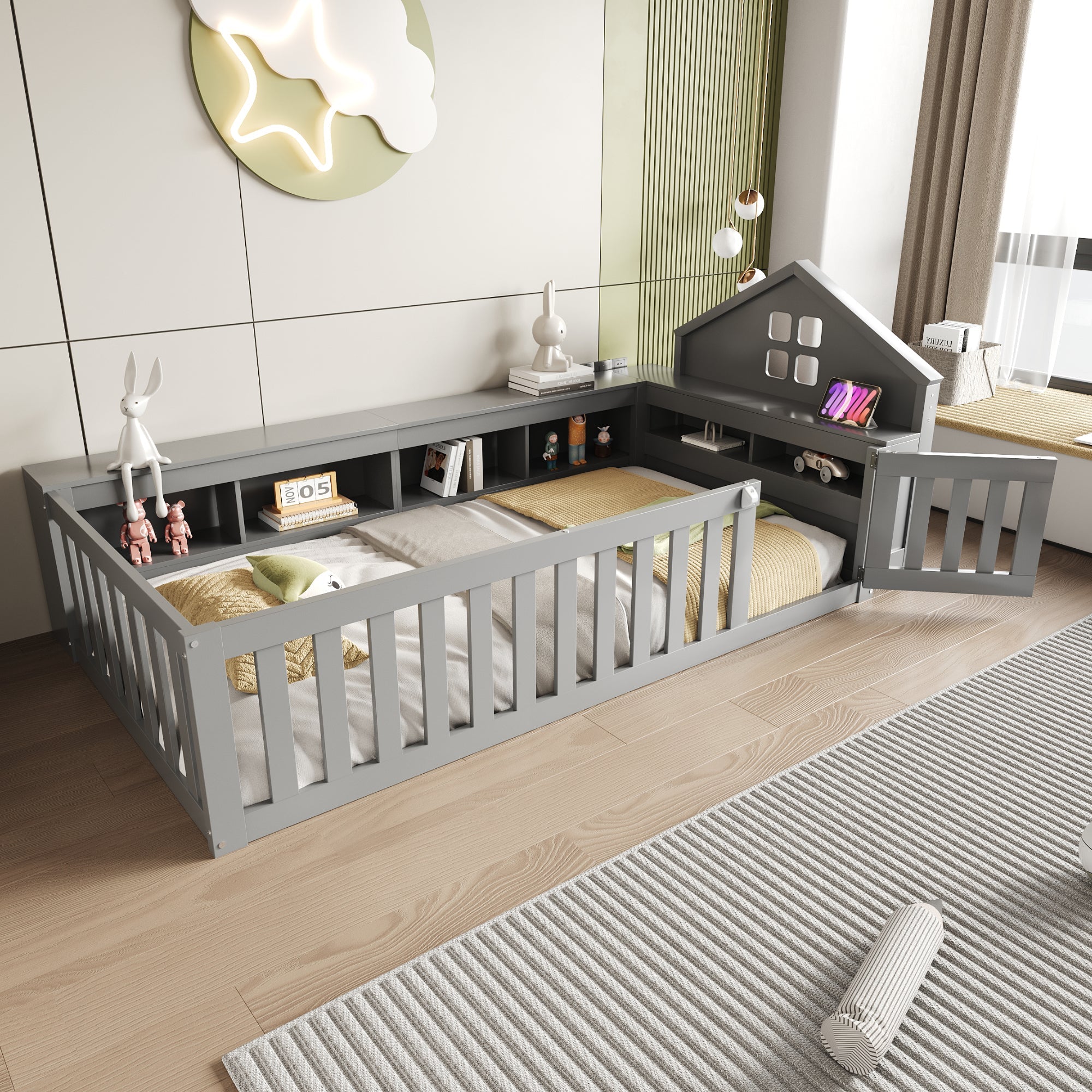 Children's Bed 90x200cm, Roof & Window, Storage, Safety Gate & Door, Solid Wood, Grey