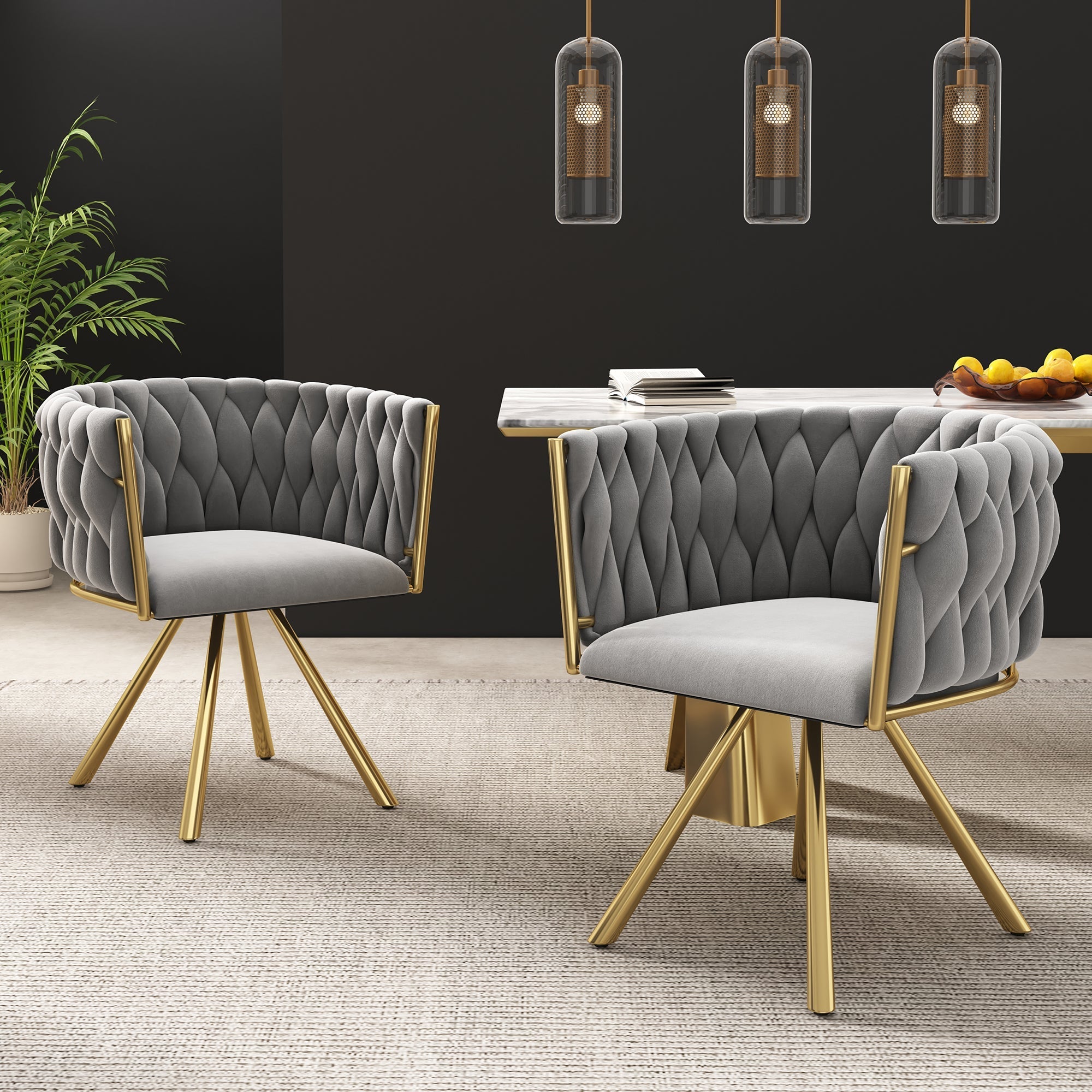 Velvet Dining Chair Set of 4 Swivel Metal Legs - Grey and Gold
