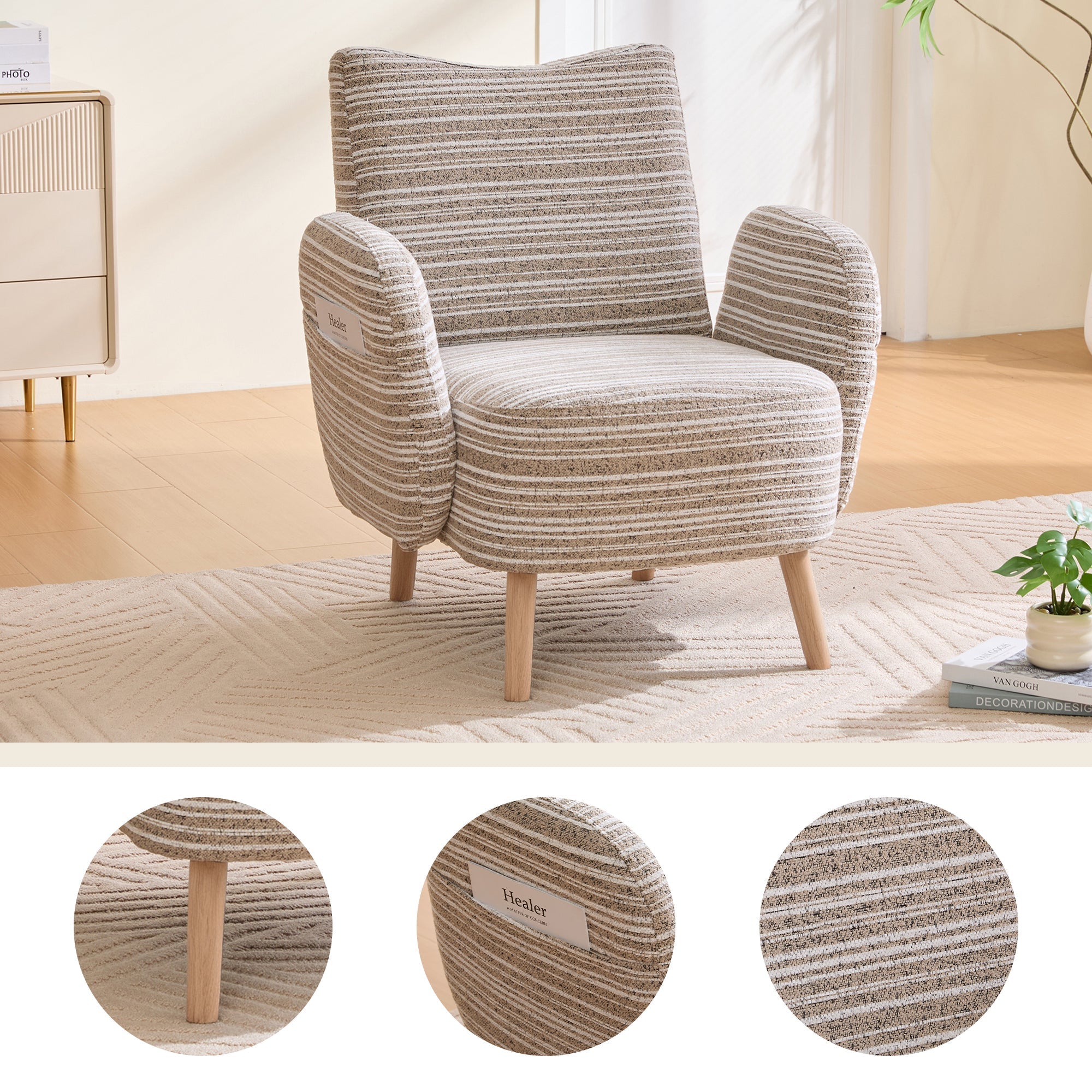 Modern Armchair with Side Pocket and Solid Wood Legs, Fabric with Circular Pattern