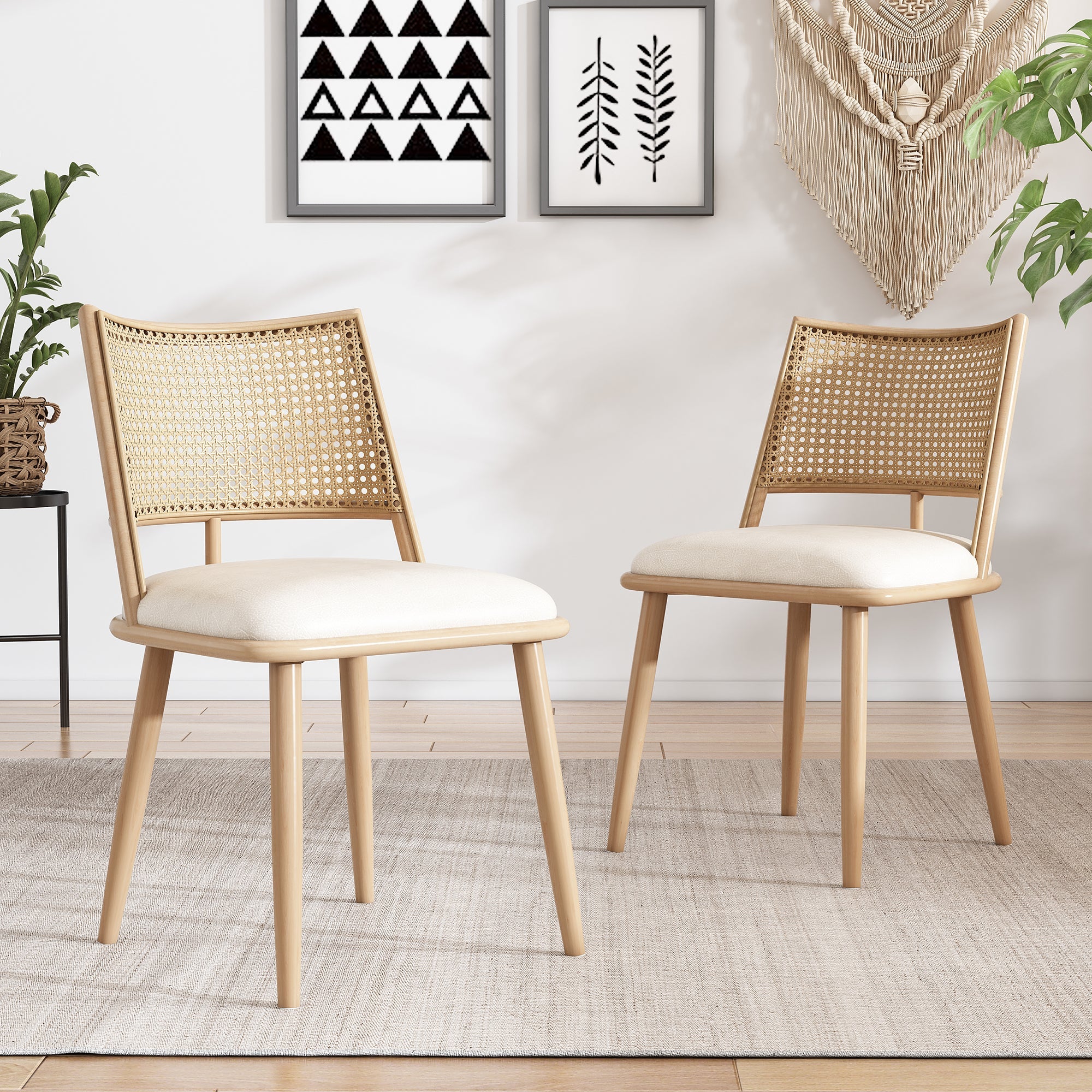 Set of 4 Bamboo Kitchen Chairs, PU Seat Rattan Backrest Armchair, Beige