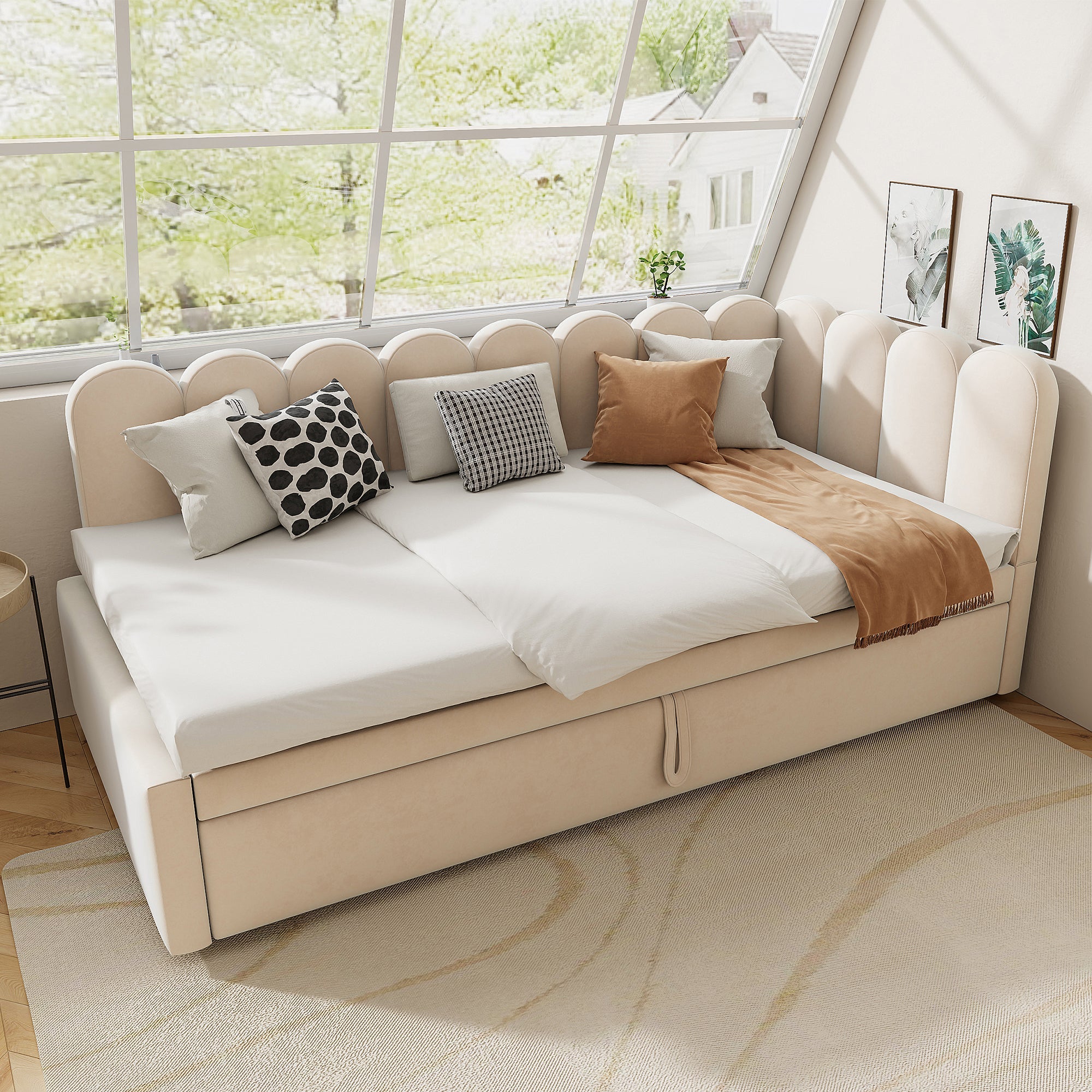 2-in-1 Sleeper Sofa L-Shaped Multifunctional Bed 90/180x200cm Velvet Beige