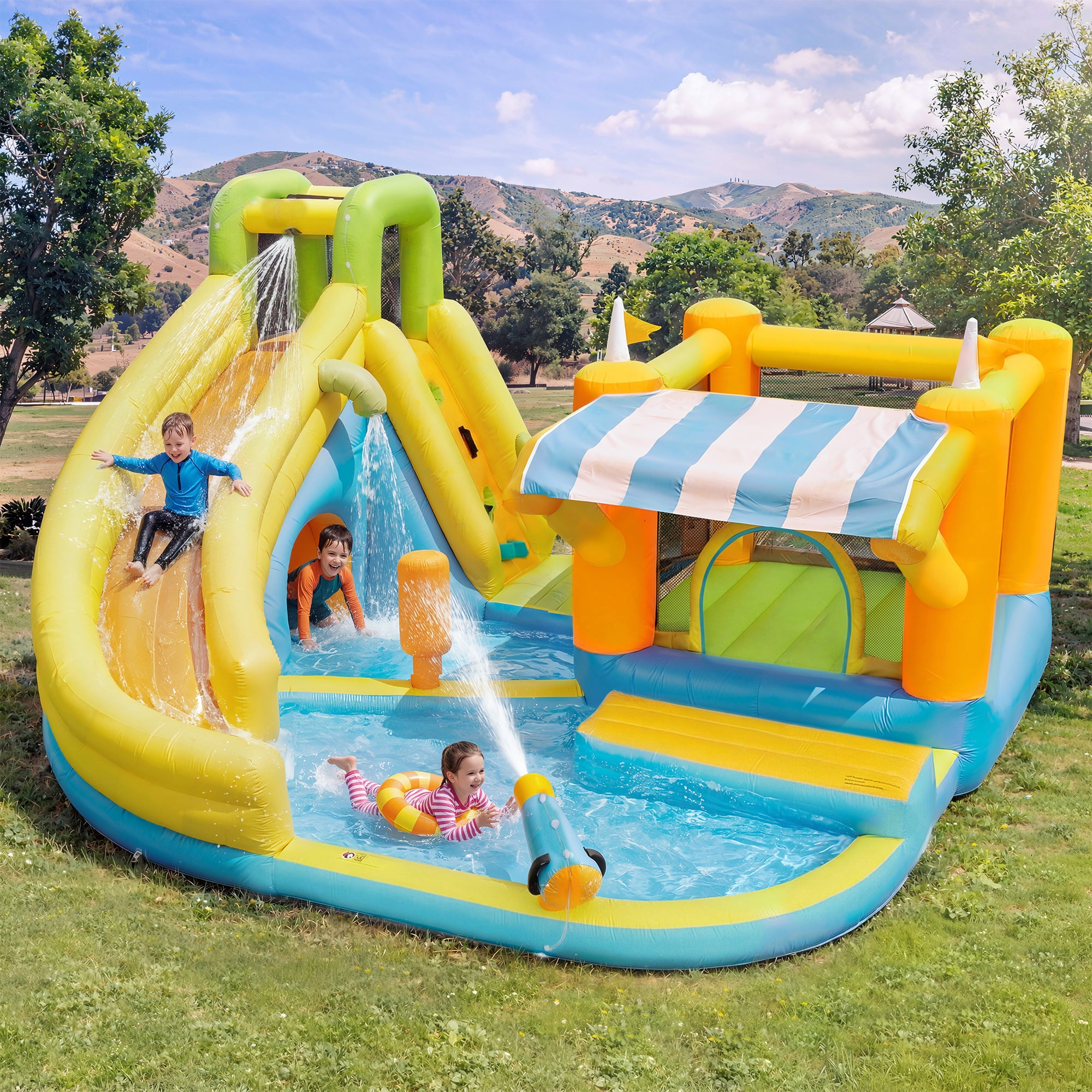 Inflatable Bouncy Castle Water Park with Slide, Pool and Blower, 433x375x165cm, Multicolor Outdoor Garden Toy