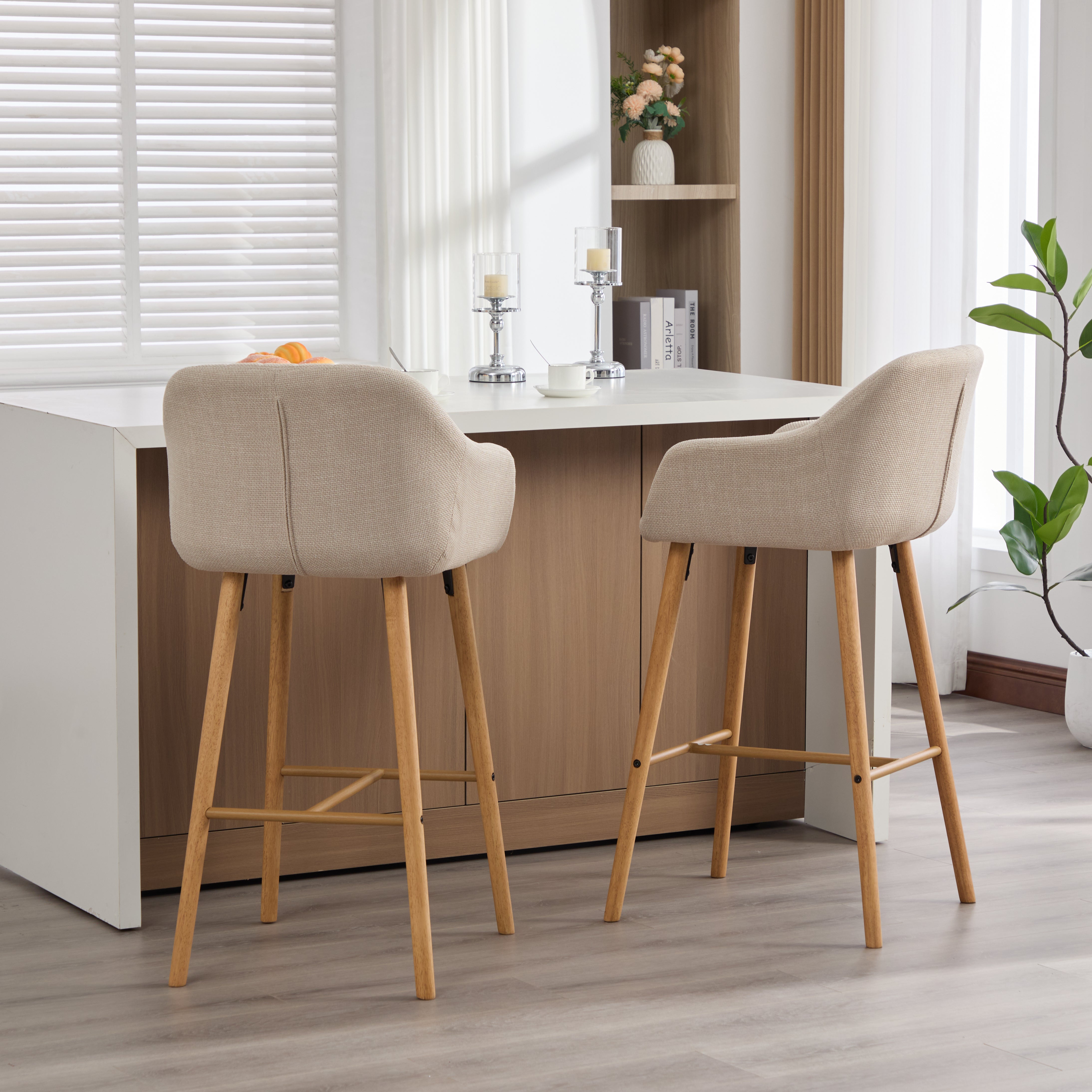 Bar Stools, Set of Two, High Backrest & Armrests, Linen & Wooden Legs