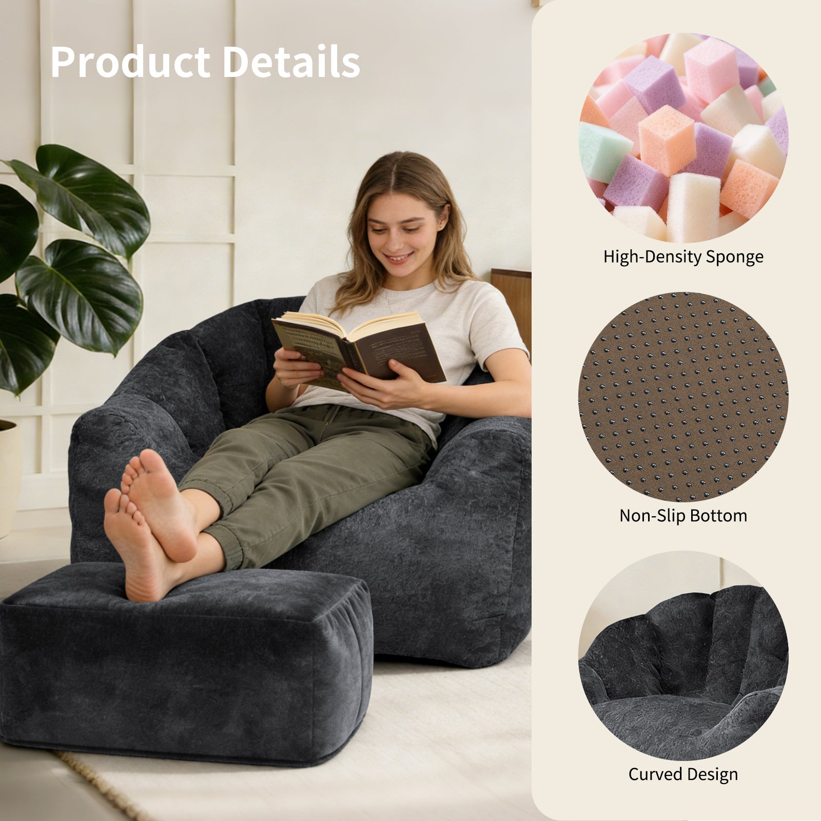 Bear Paw Single Sofa and Ottoman, Ergonomic Lazy Chair with High-Density Memory Foam, Beige Chenille