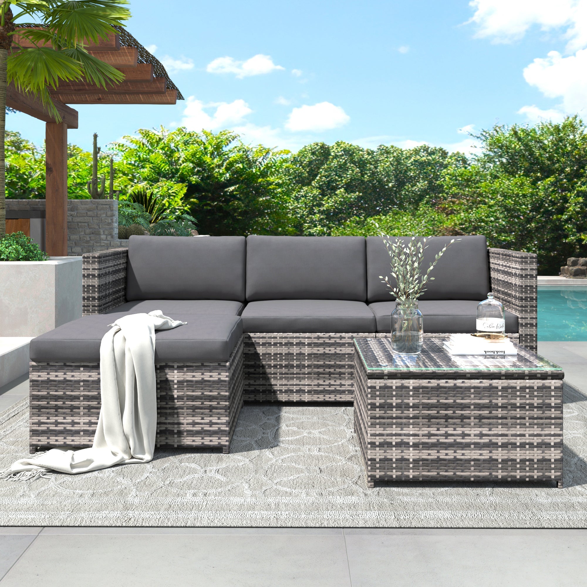 Lounge Sofa Set with Corner Sofa, Cushions and Glass Top Table, Grey Polyrattan