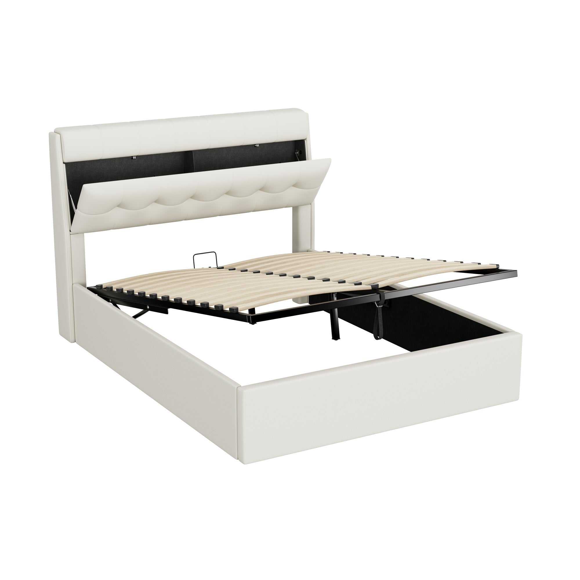 Stylish Upholstered Bed 140x200 Hydraulic Concealed Storage PU White