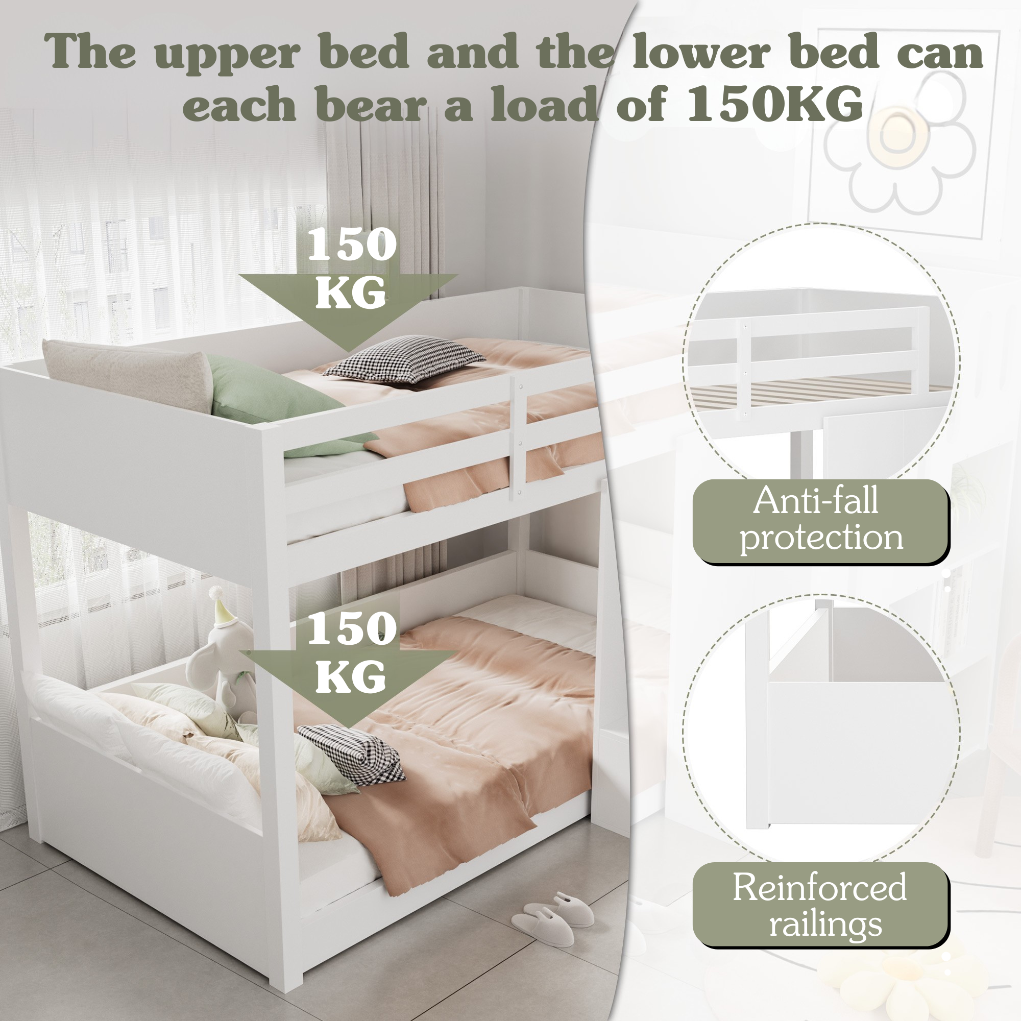Children's Bunk Bed, Multifunctional with Stairs & Storage, 2 Single Beds (3ft), White