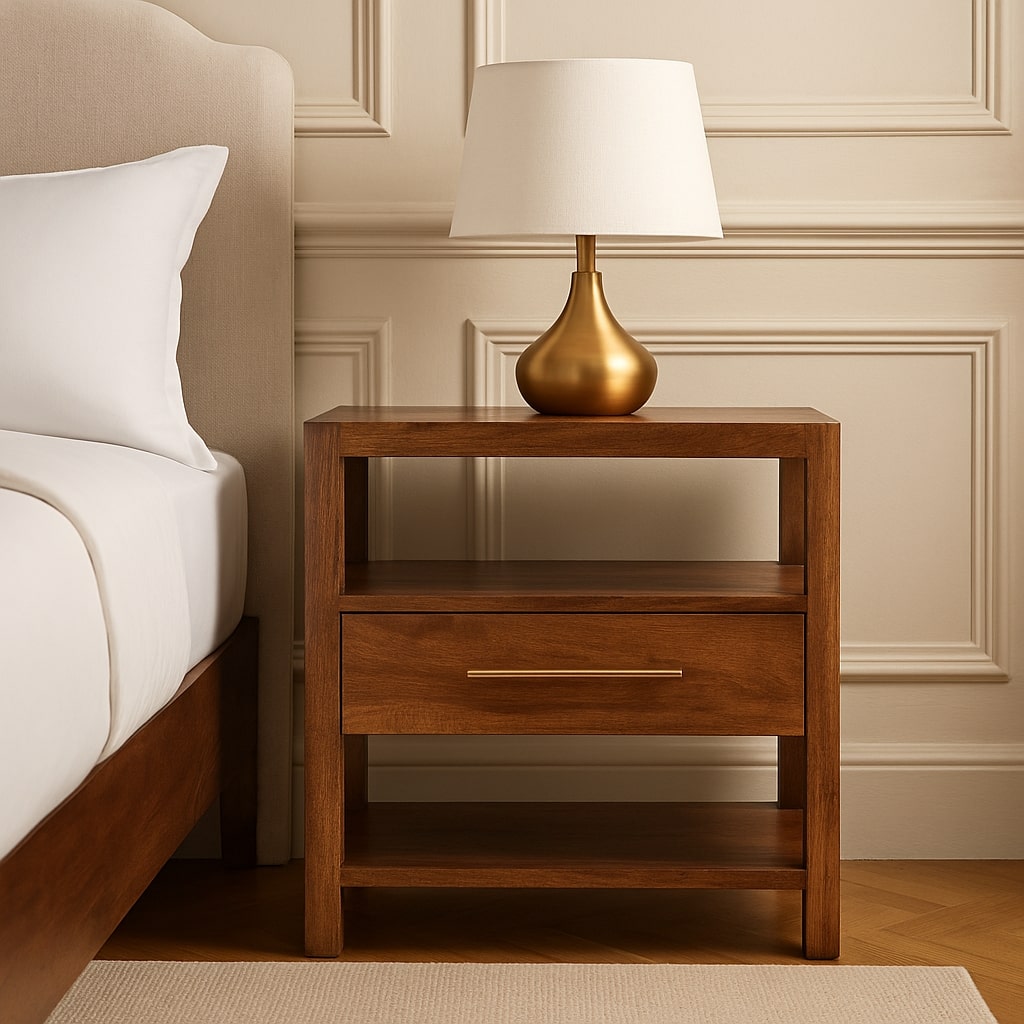 The Caldera Bedside Stand, 1 Drawer 1 Open Slot, Solid Wood Brown
