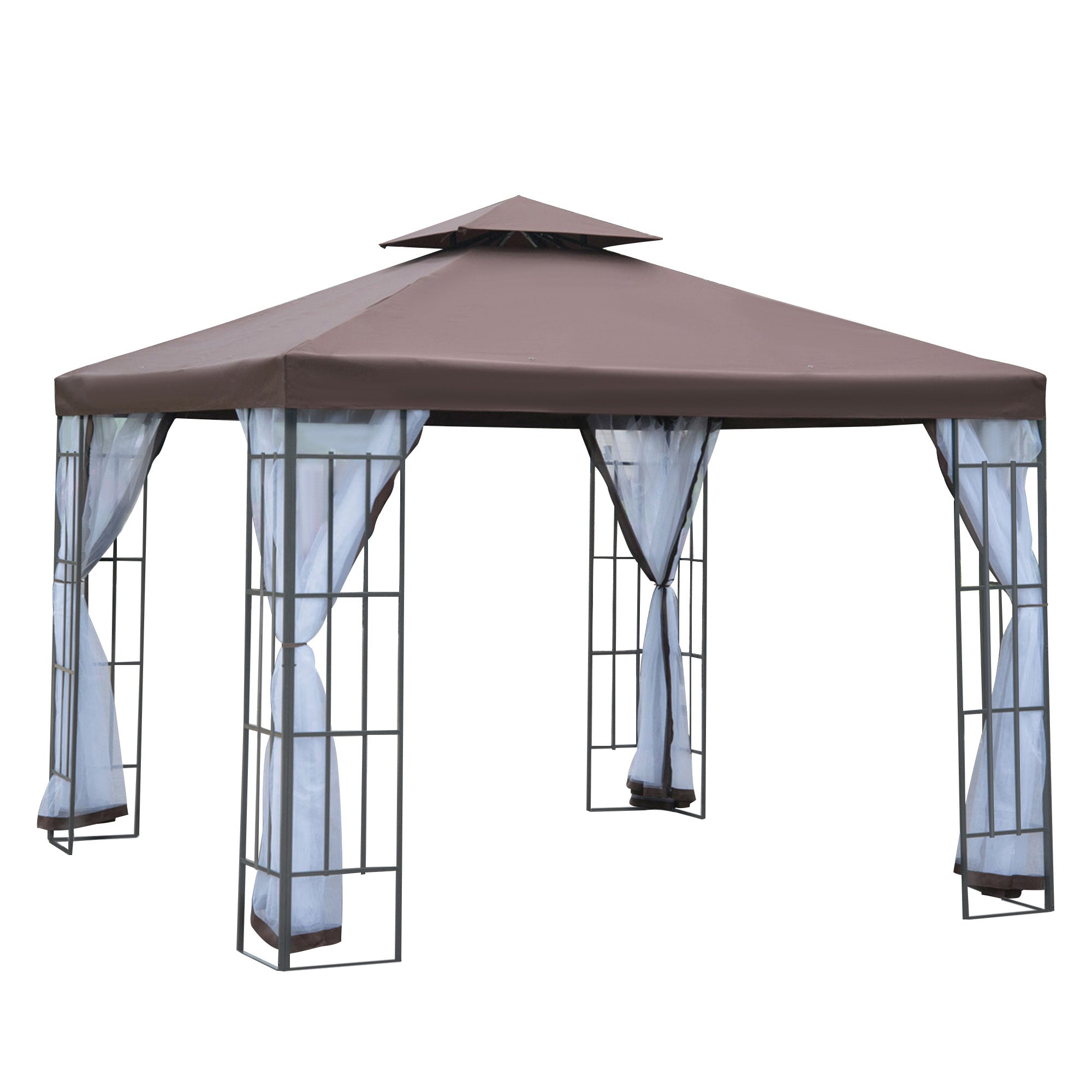 3x3m Patio Gazebo Canopy with 2-Tier Roof & Mosquito Netting, Steel Frame, Coffee