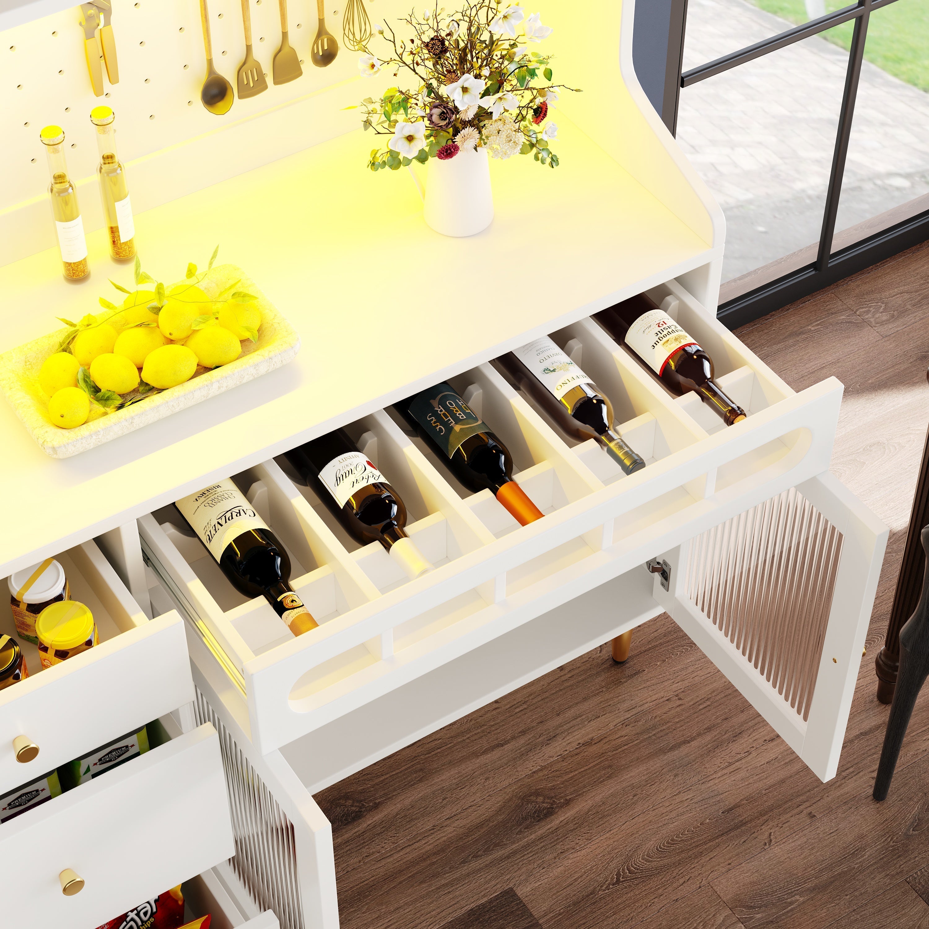 Tall Cabinet 145x39x171cm Adjustable Shelves LED Lighting Wine Rack white