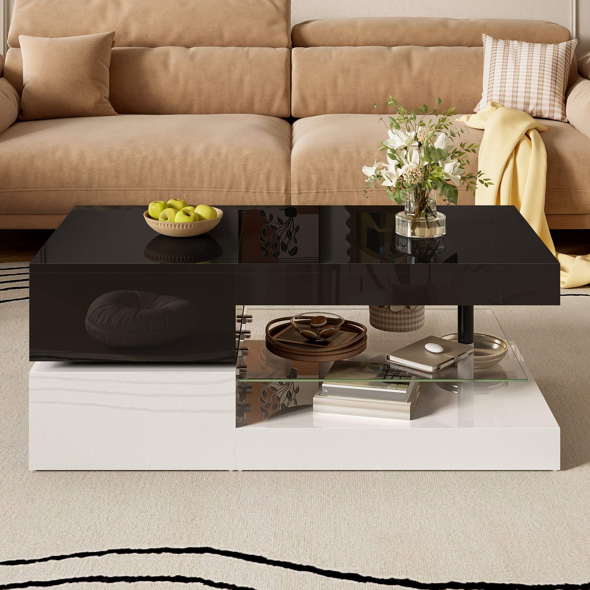 Coffee Table with LED Lighting, Bluetooth, Glass Shelf, Black & White