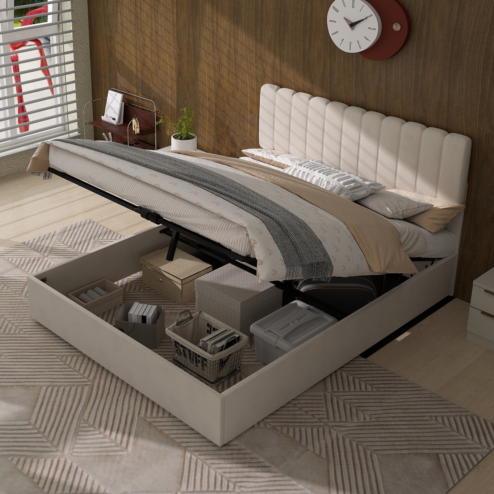 Upholstered Bed 140x200cm Gas Lift Storage Soft Headboard - Beige