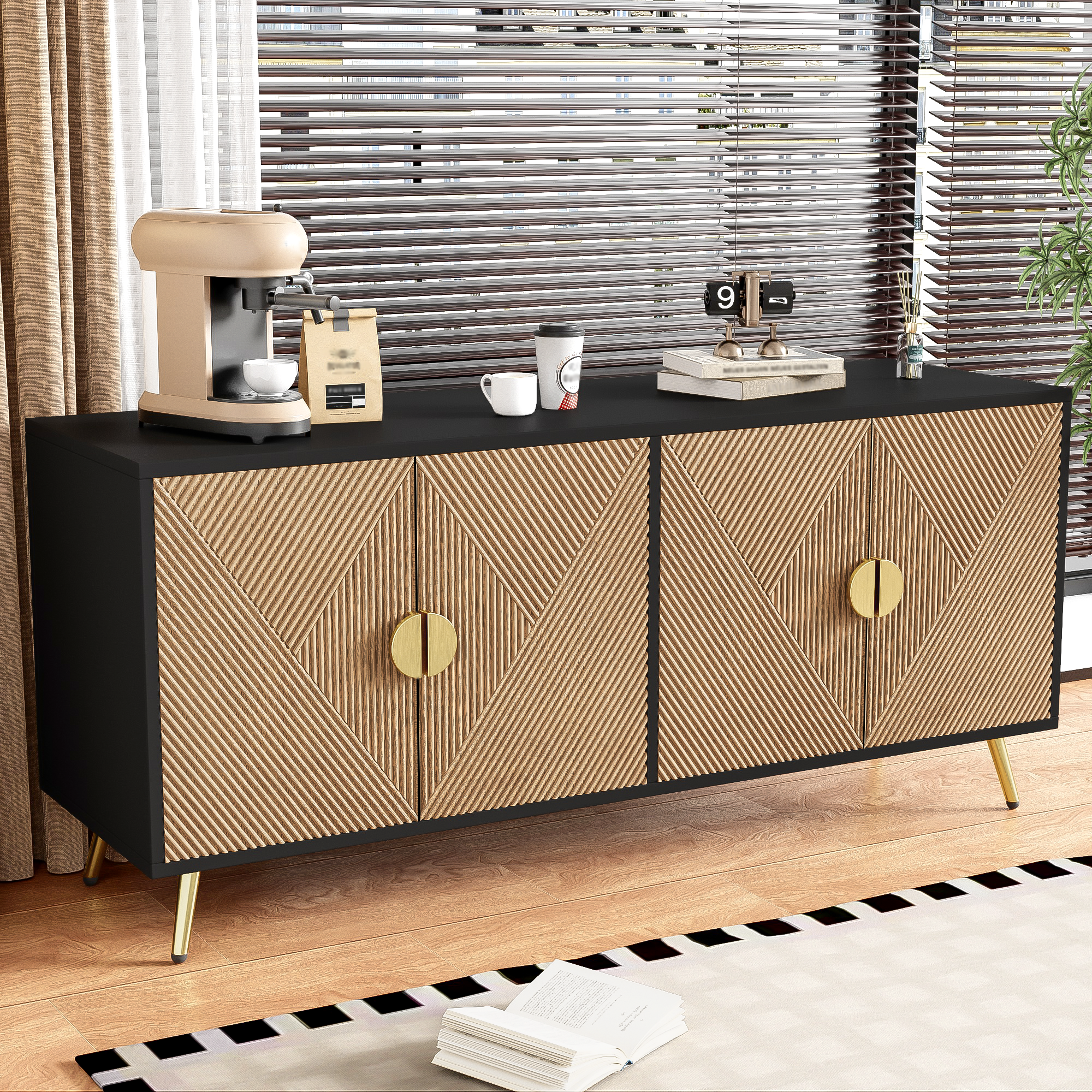 Sideboard, 160 cm, Four Doors, Golden Brushed Handles, High-Gloss Table Legs