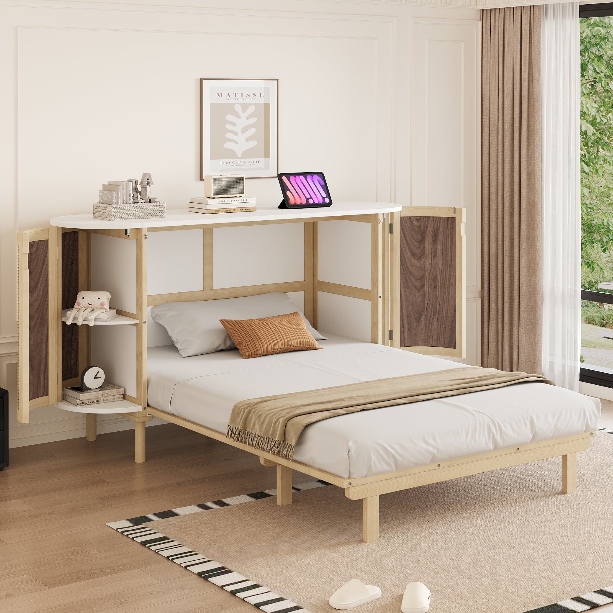 Wall Bed 140x200cm Vertical Folding Rattan Design Storage - Wood Color